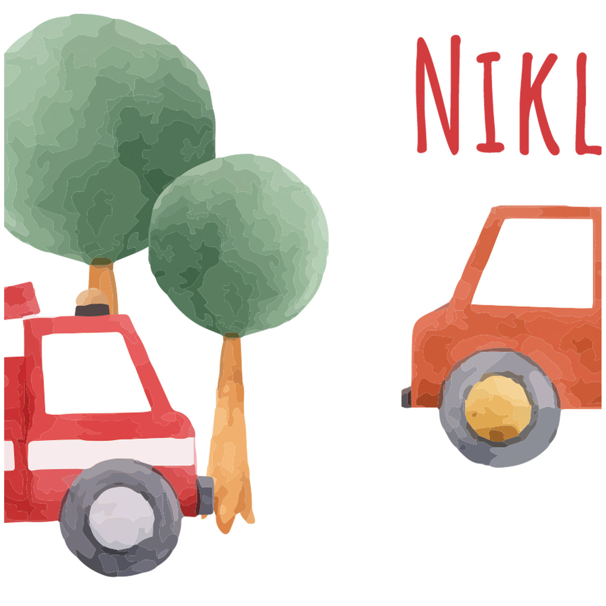 Rotes Feuerwehrauto, grüne Bäume, kindliche Illustration.