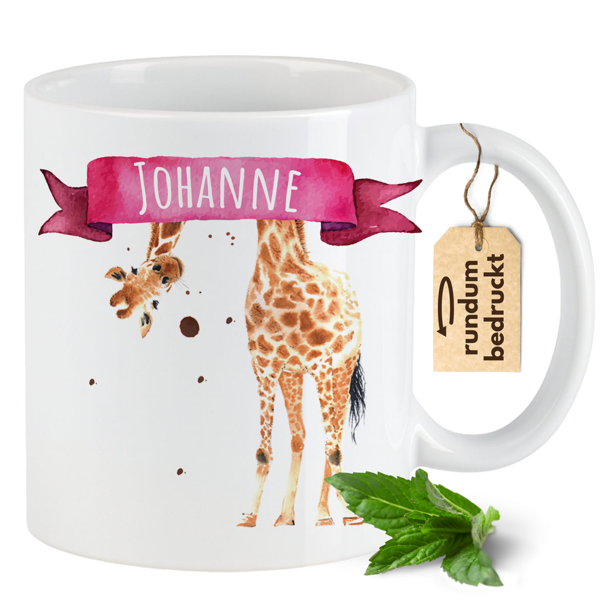 Weißer Becher mit Giraffe und personalisiertem Namen "Johanne".