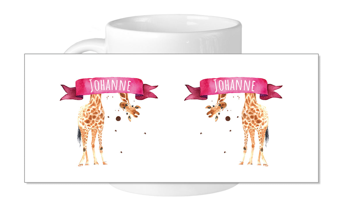 Tasse mit zwei Giraffen und pinkem Banner "Johanne".