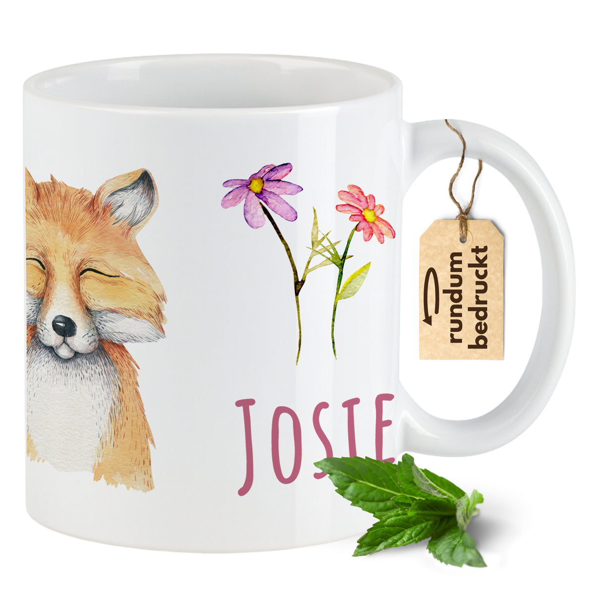 Tasse mit Fuchs-Illustration, Blumen und dem Namen "JOSIE".