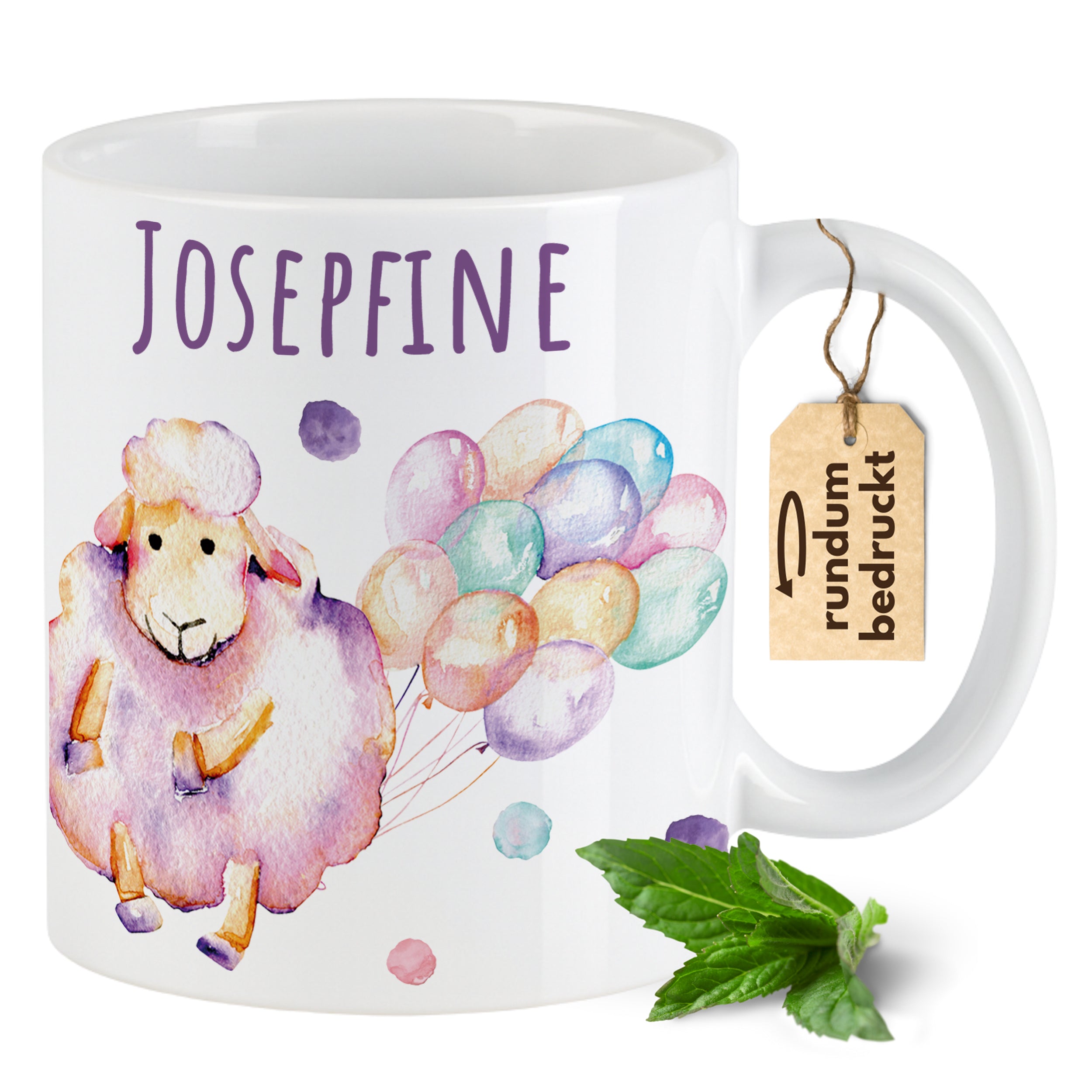 Tasse mit lila Schaf und bunten Luftballons, personalisiert.