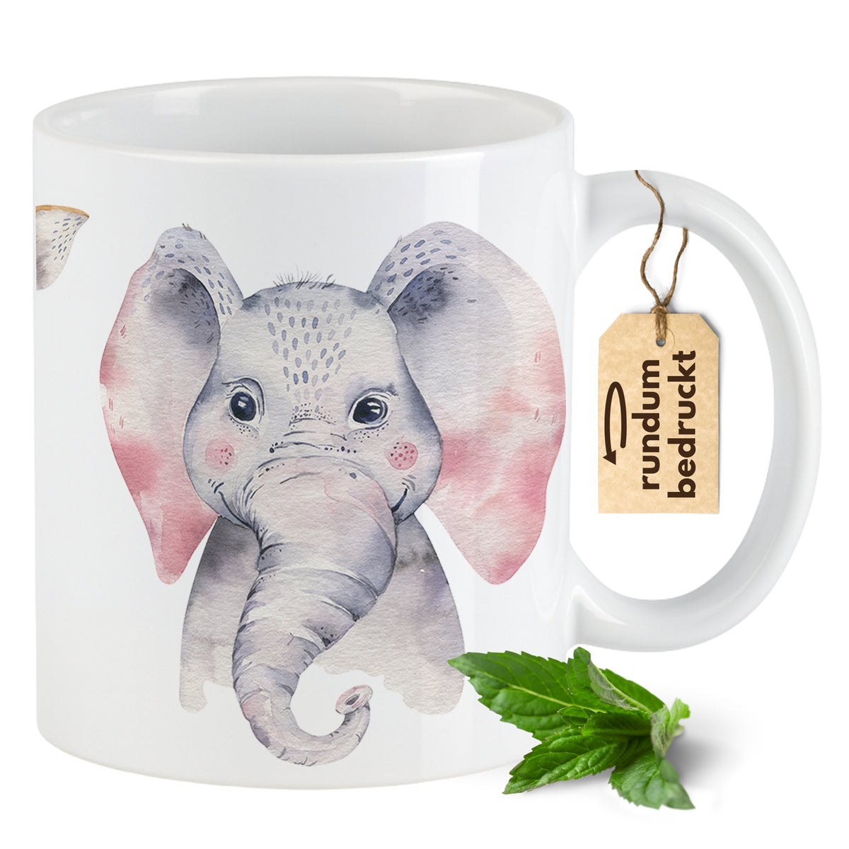 Tasse mit Elefantenmotiv in sanften Farben.