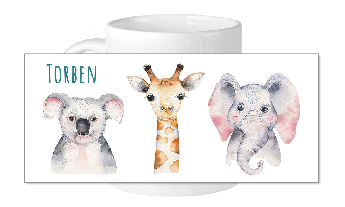 Kaffeetasse mit Koala, Giraffe und Elefant, bunte Aquarellillustrationen.