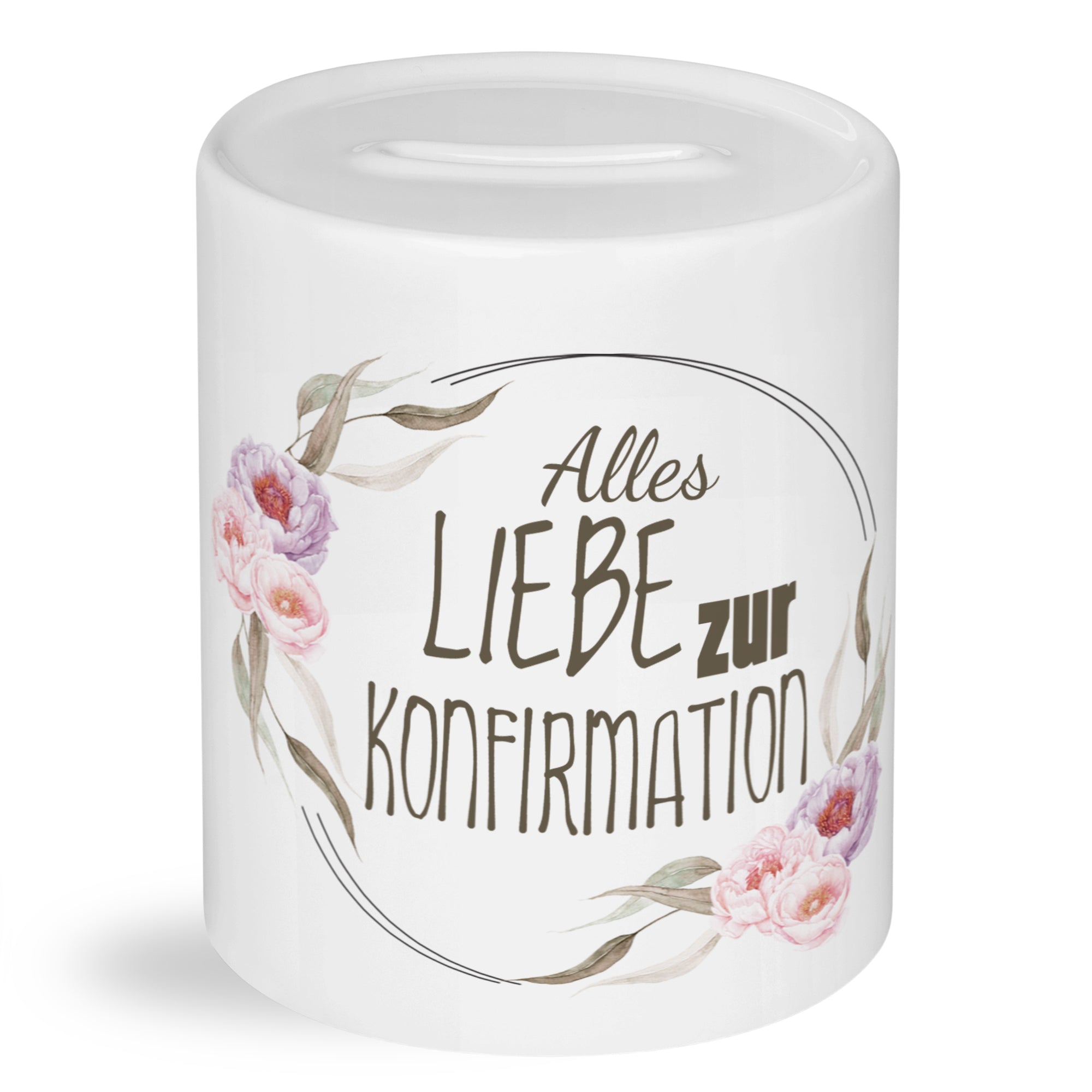 Weißer Spardose mit floralen Motiven und Schriftzug zur Konfirmation.