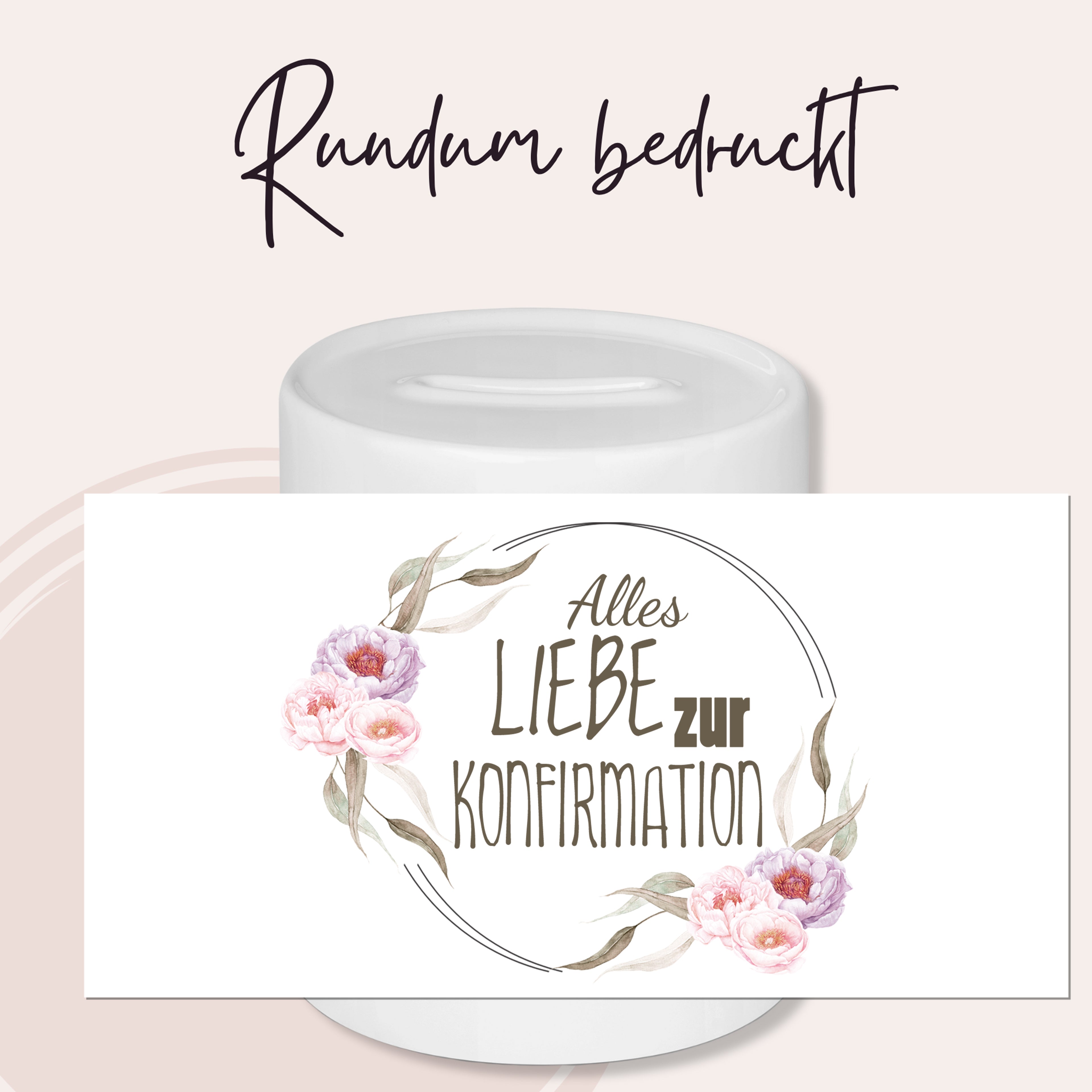 Kerze mit floralem Design, "Alles Liebe zur Konfirmation".