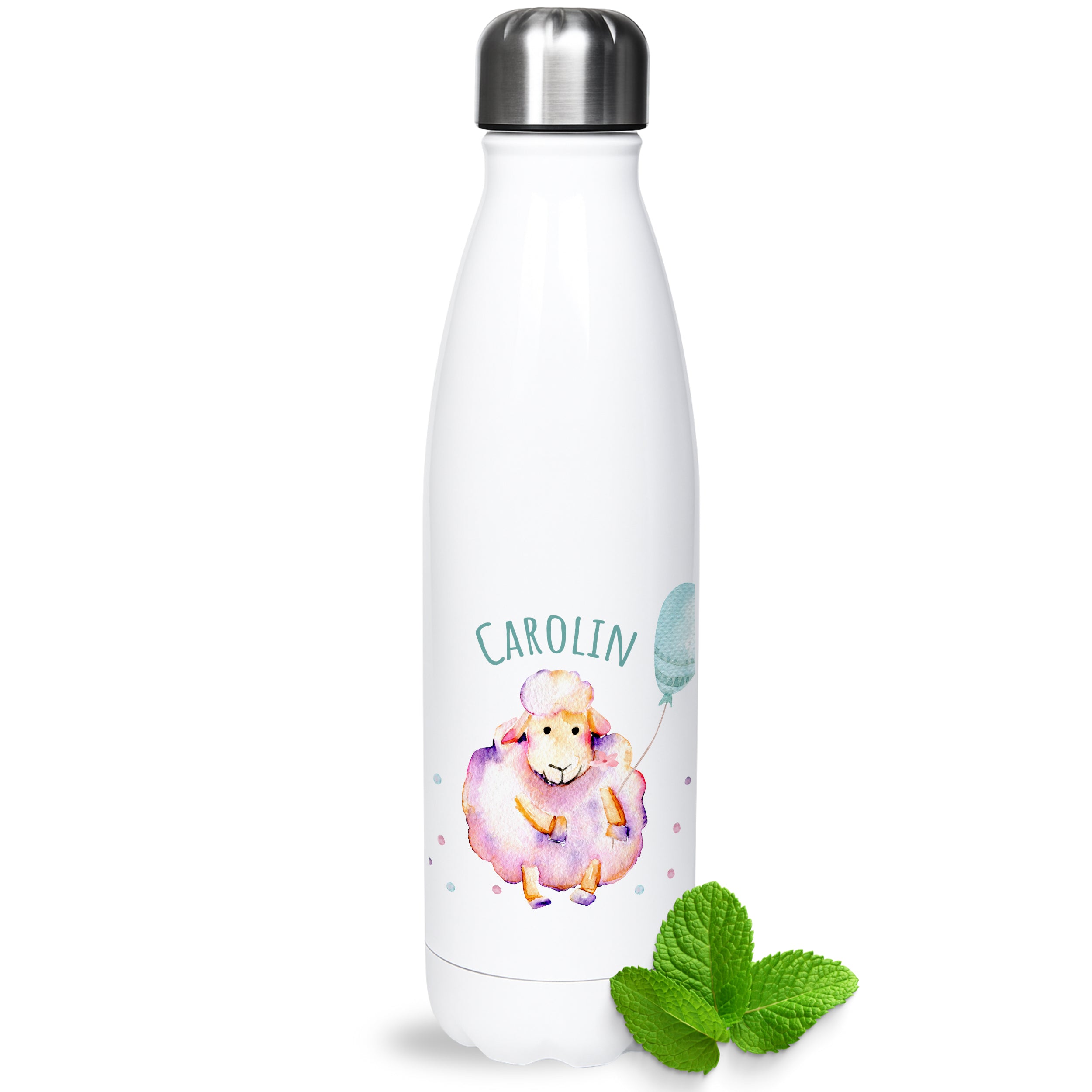 Weiße Edelstahl-Trinkflasche mit Schaf-Motiv und Name Carolin.