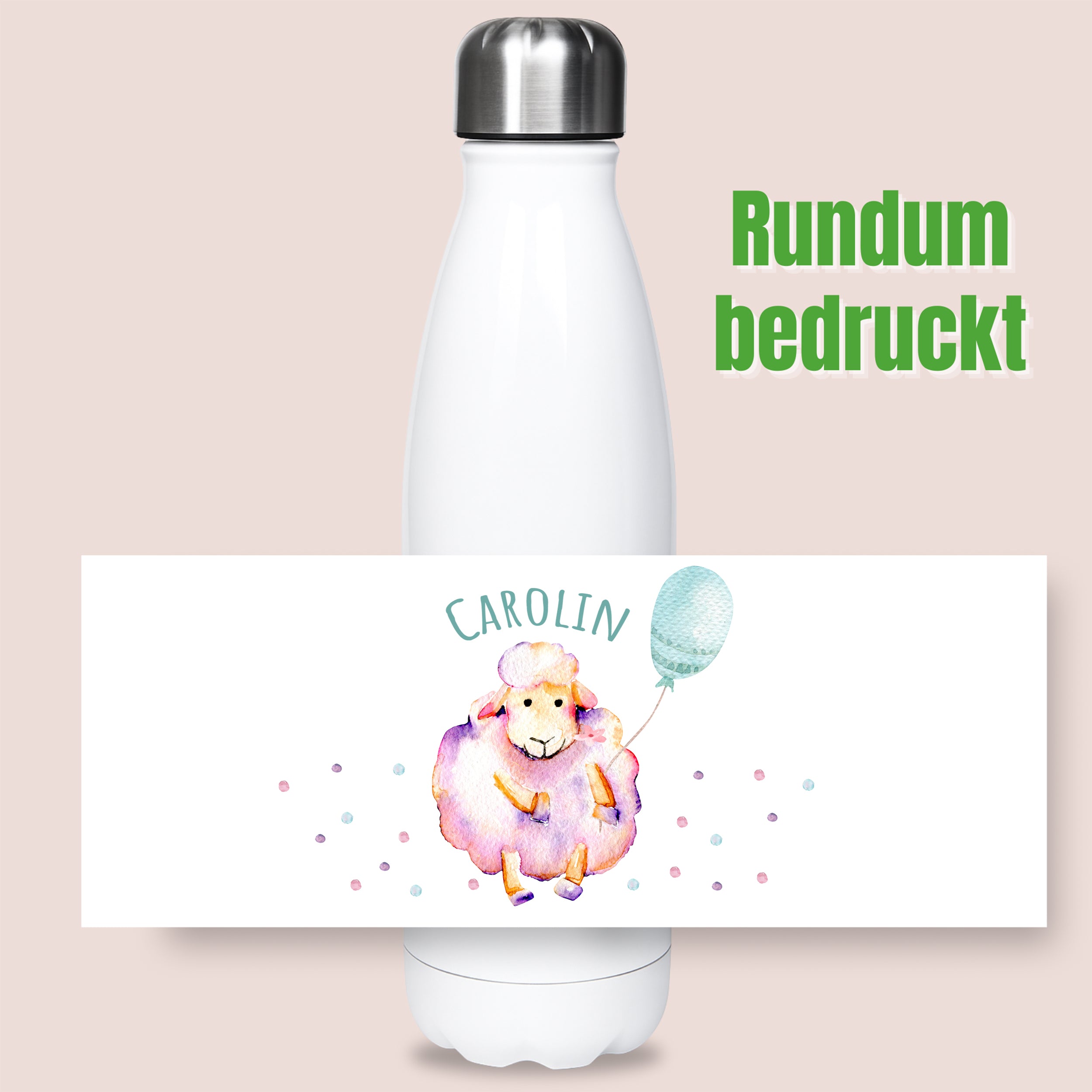 Weiße Trinkflasche mit buntem Schaf-Design und Namen.