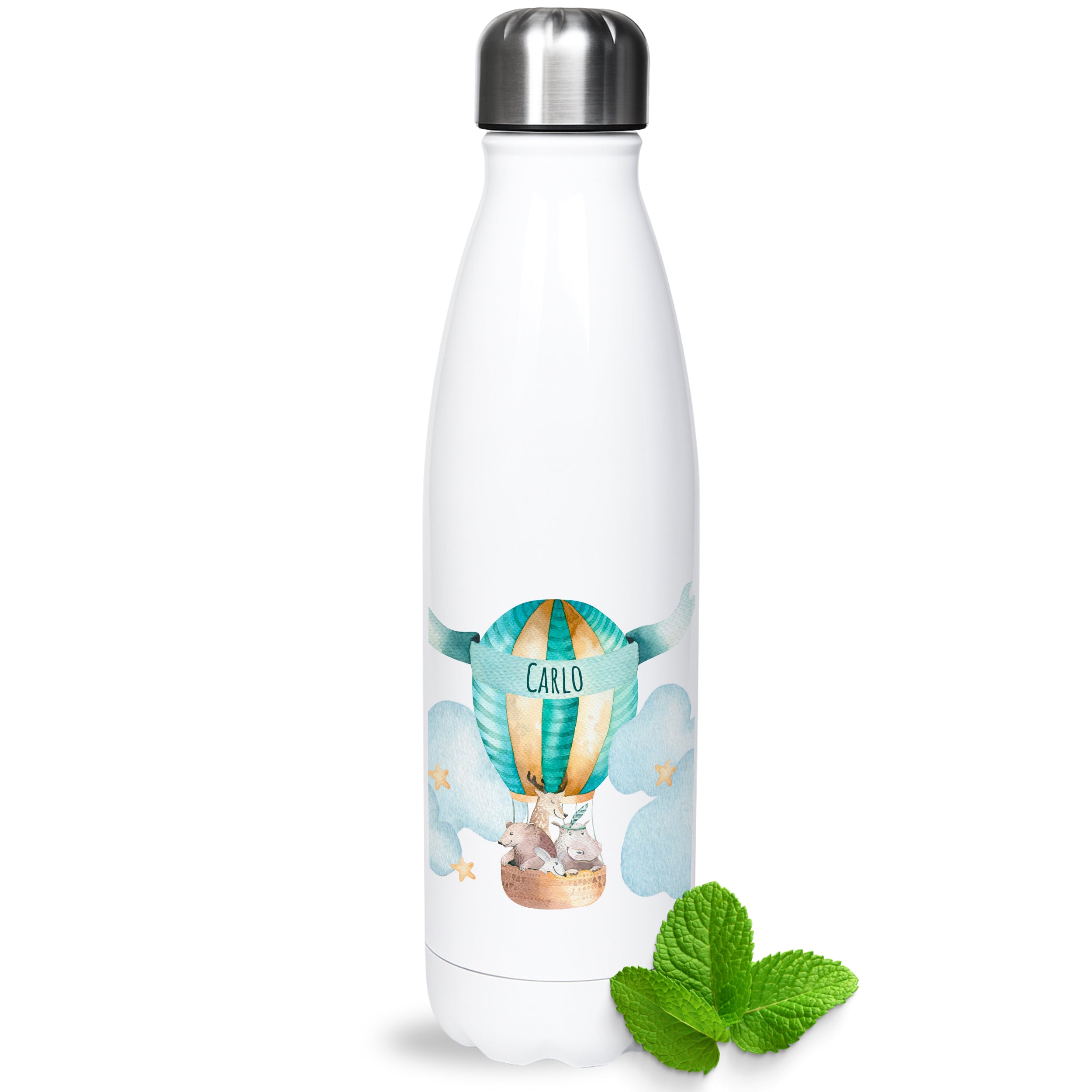 Weiße Edelstahl-Trinkflasche mit Heißluftballon-Design.