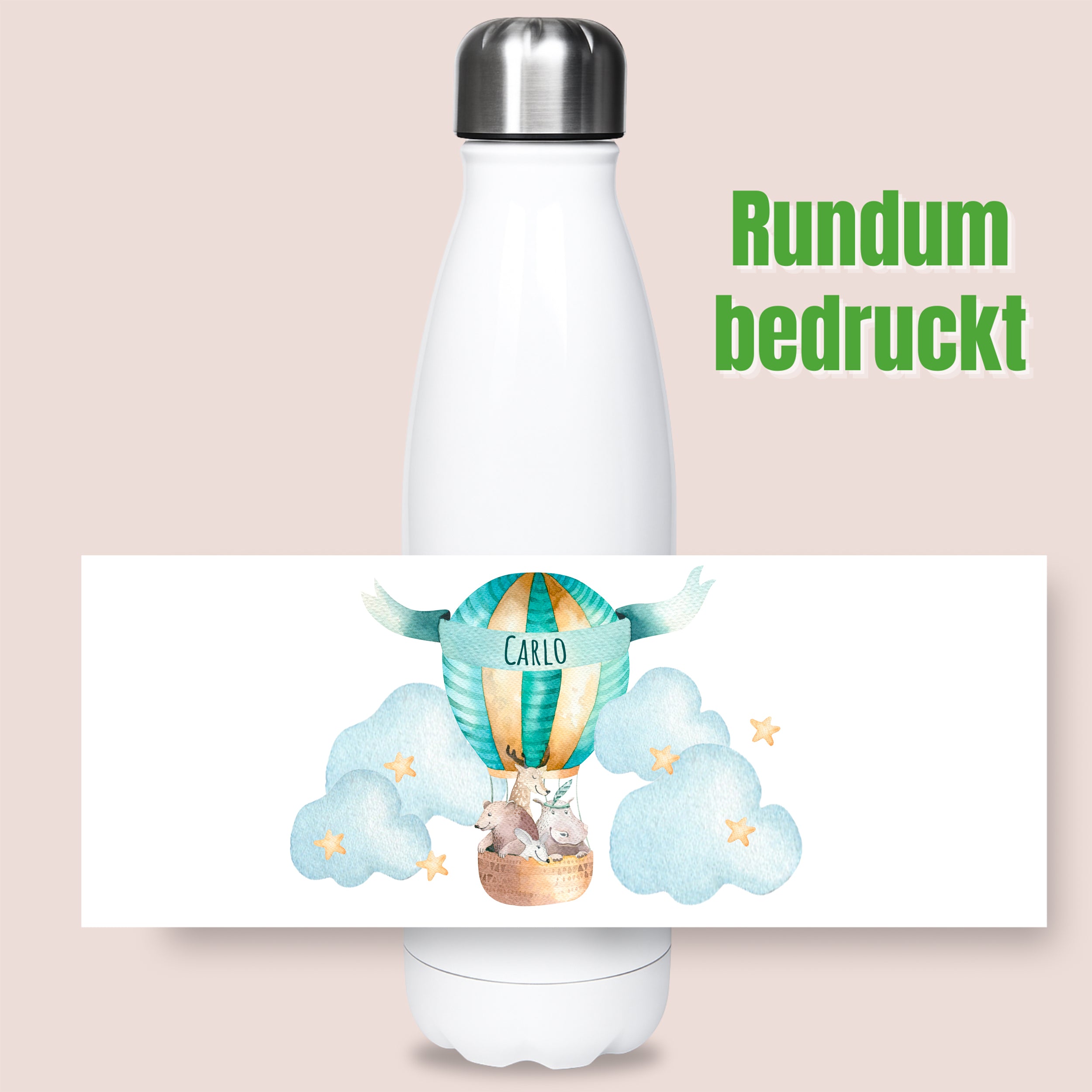 Weiße Trinkflasche mit buntem Heißluftballon-Motiv.