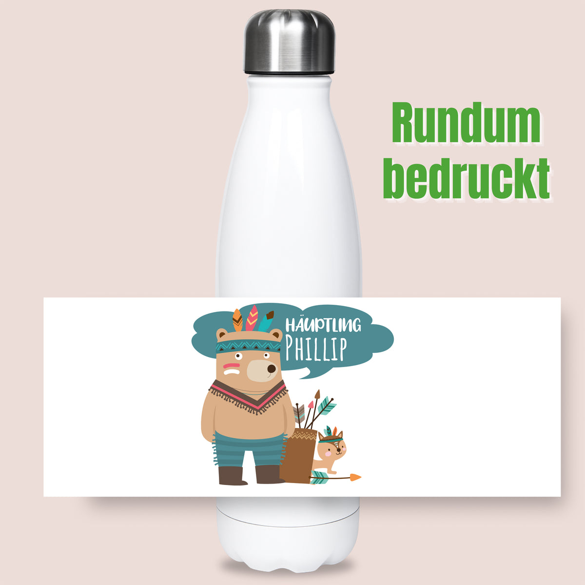 Weiße Wasserflasche mit buntem Druck, Tiermotiv und Text.