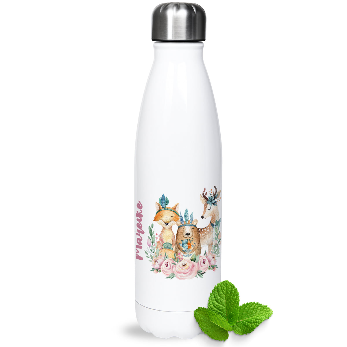 Weiße Edelstahl-Trinkflasche mit Tieren und Blumenmotiv.