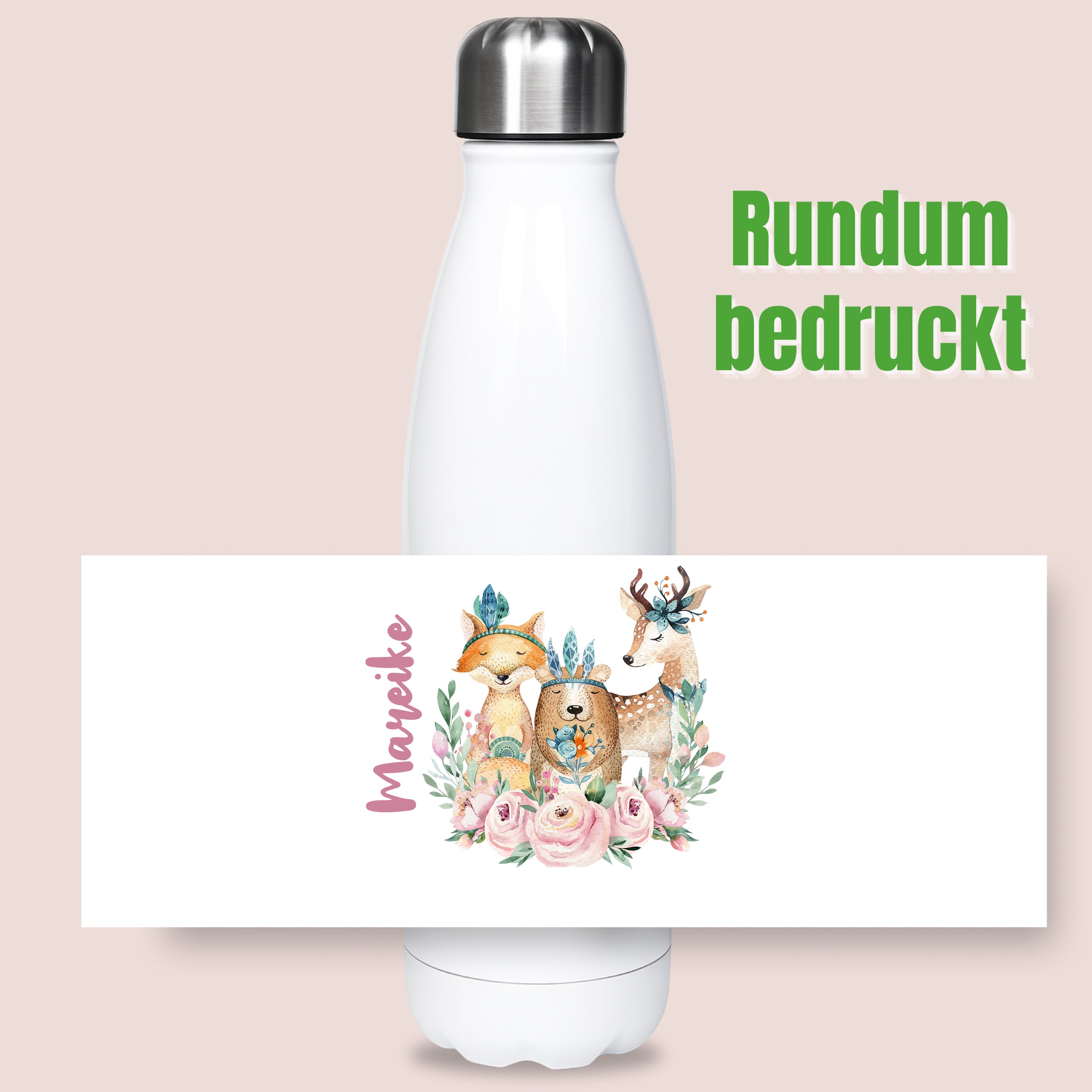 Weiße Trinkflasche mit buntem Tiermotiv und Blumen.