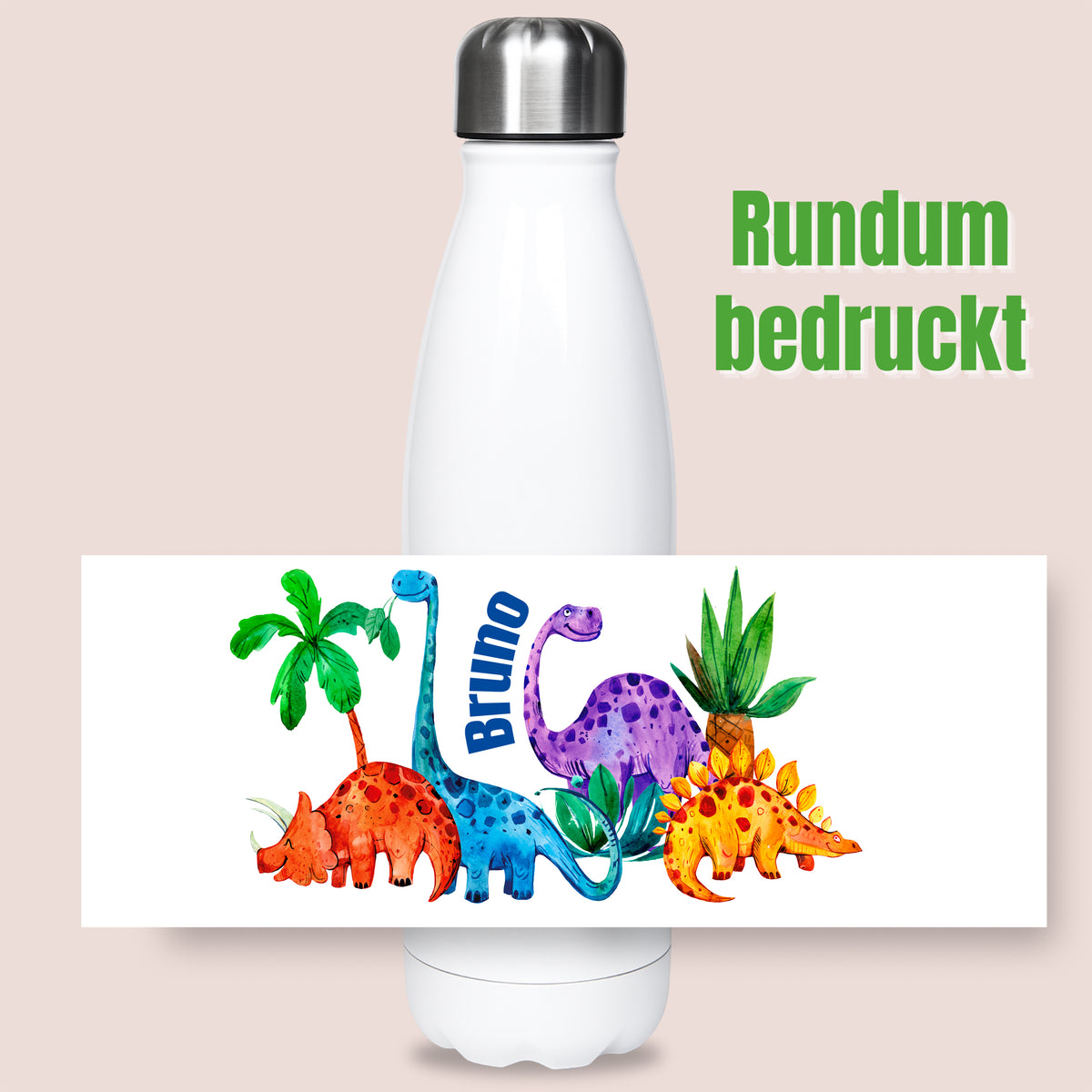 Weiße Trinkflasche mit bunten Dinosauriern und Namen Bruno.