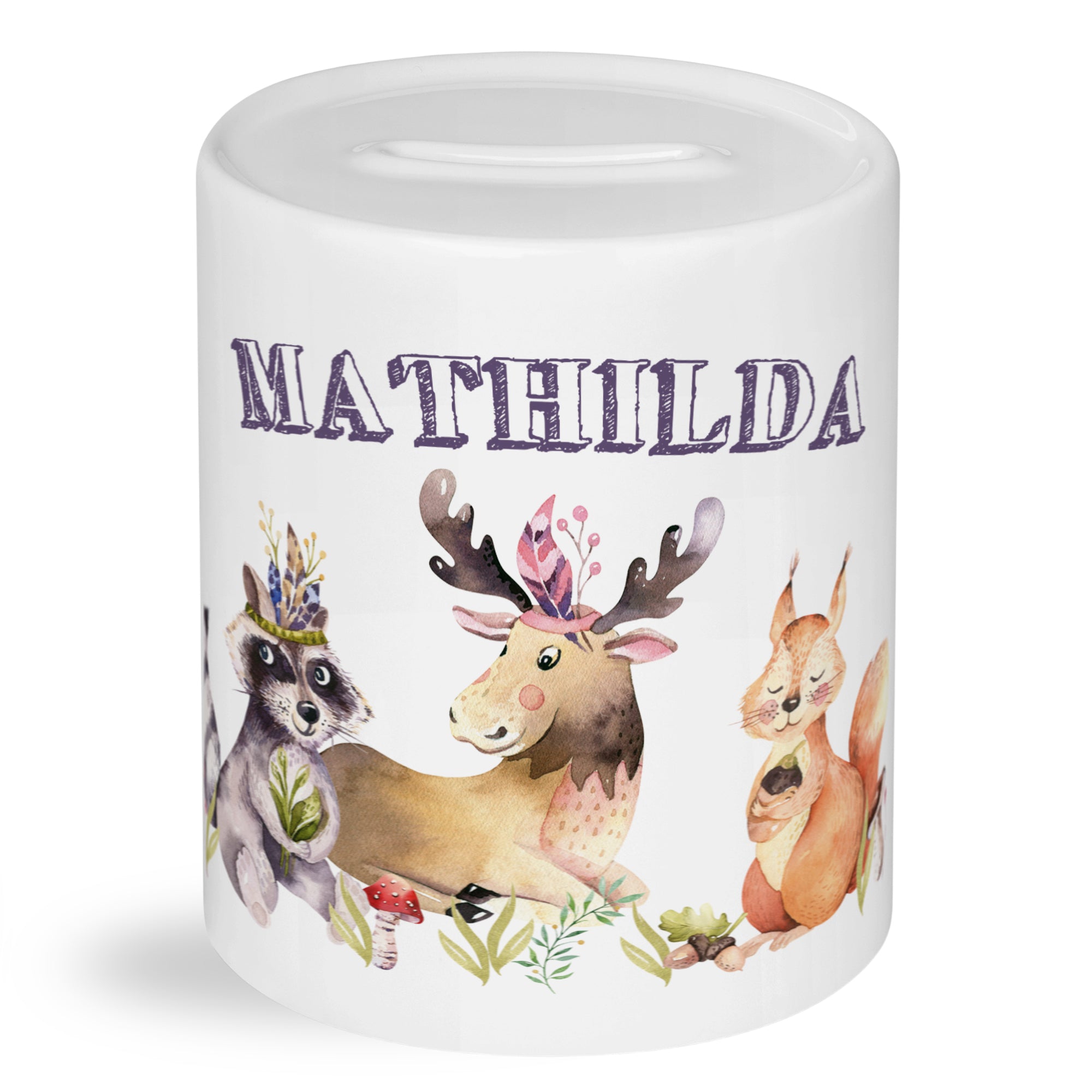 Spardose mit Tieren, bunt, personalisiert mit "MATHILDA".