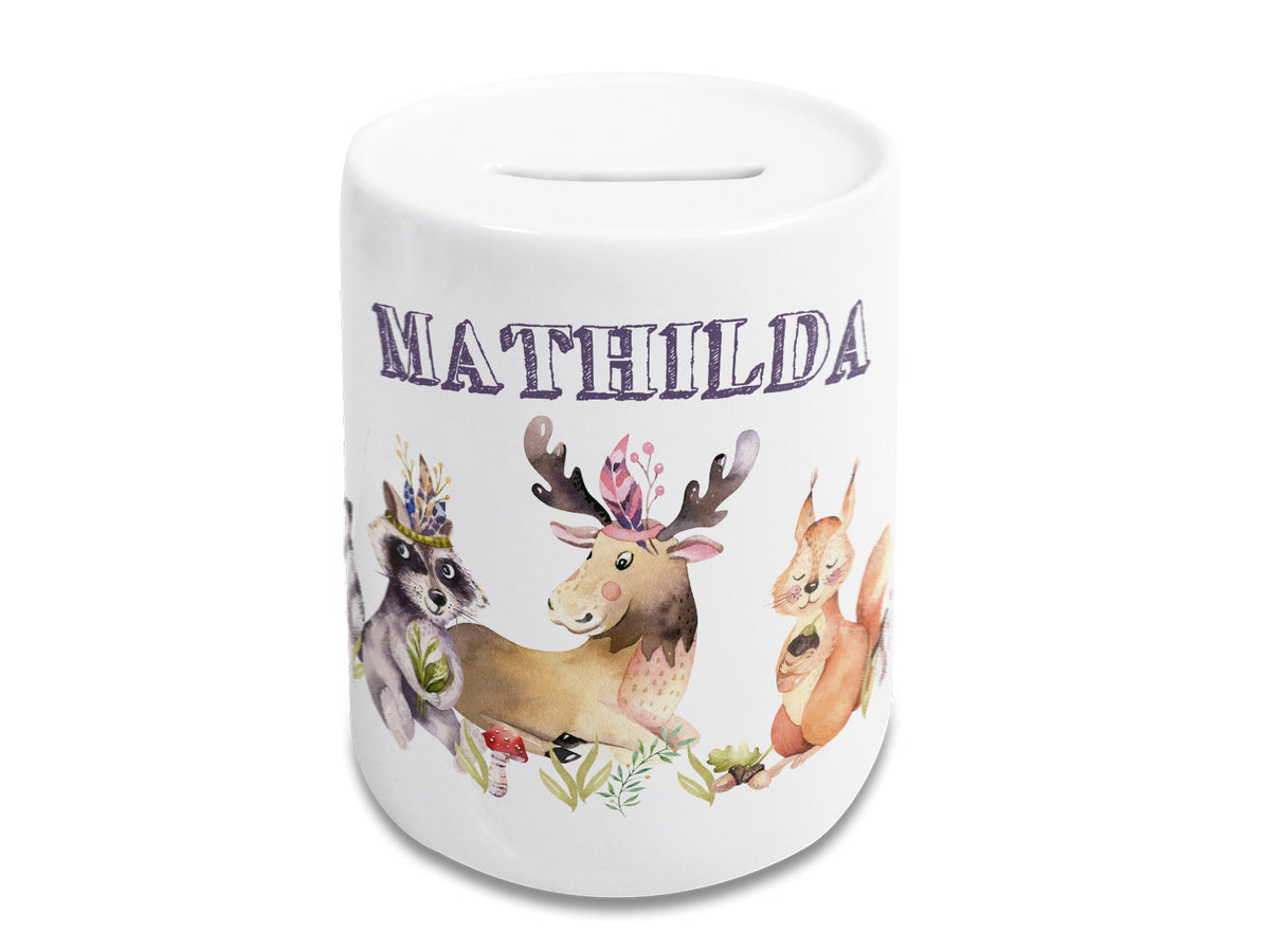 Spardose in Weiß mit bunten Tiermotiven und Namen "Mathilda".