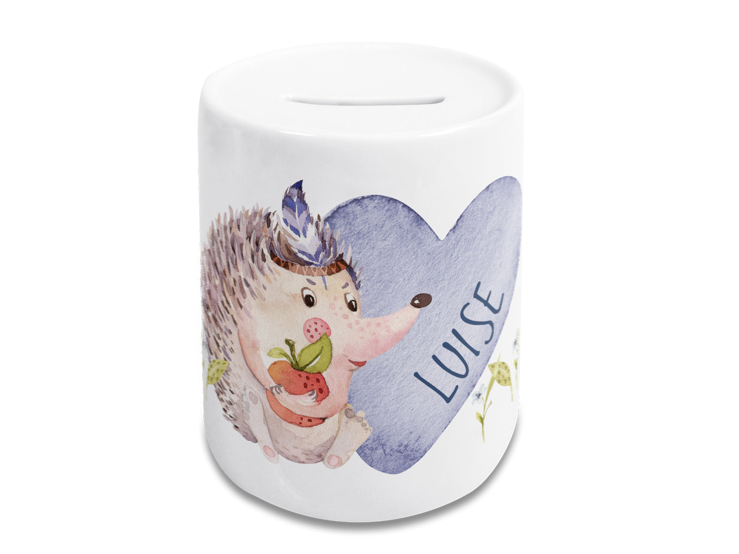 Sparschwein mit Igel-Motiv und blauem Herz, personalisiert.