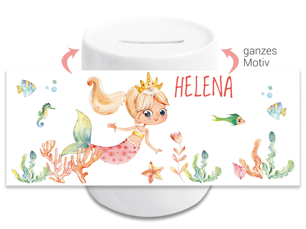 Spardose mit Meerjungfrau, rosa, personalisiert mit "HELENA".