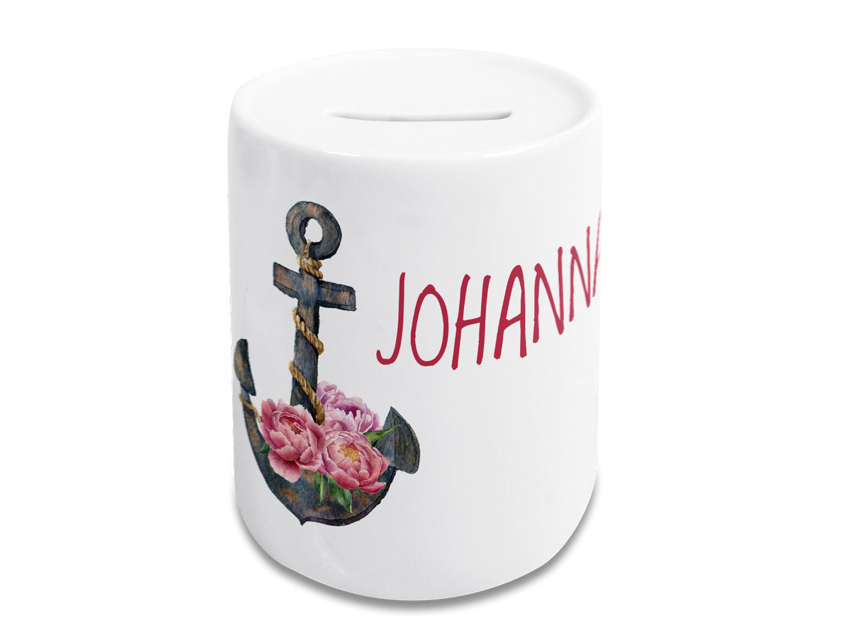Weißer Sparschwein mit Anker und rosa Blumen.