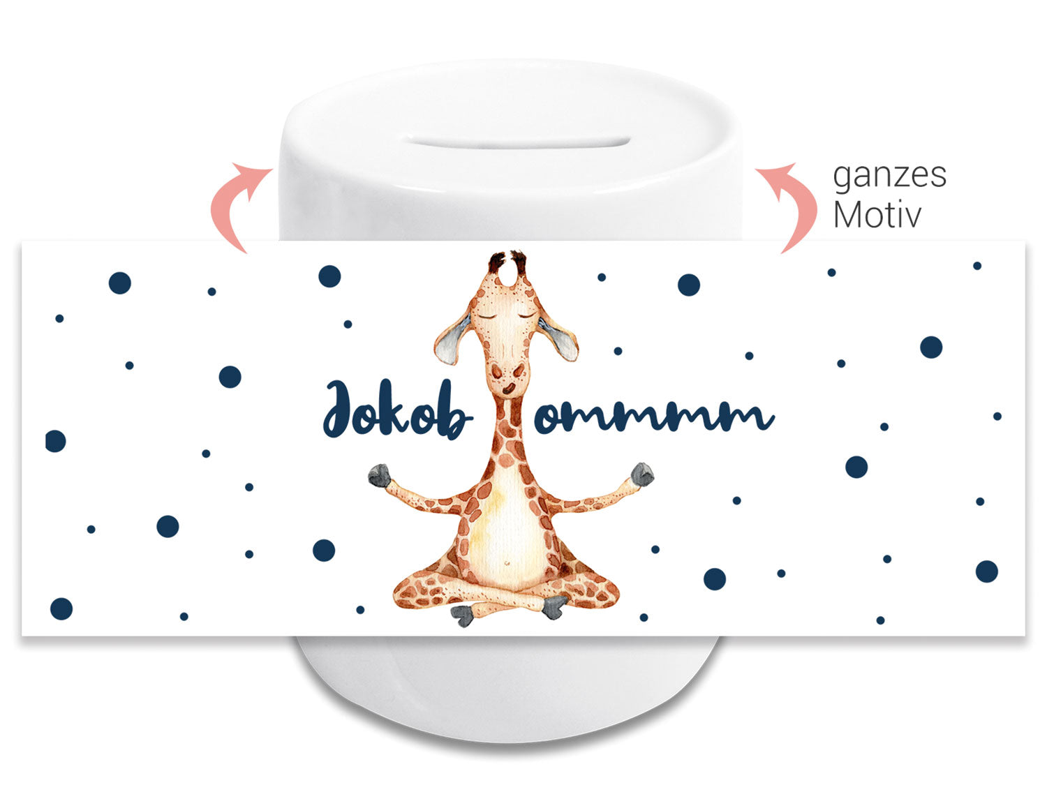 Giraffe im Meditationspose mit blauen Punkten und Schriftzug.