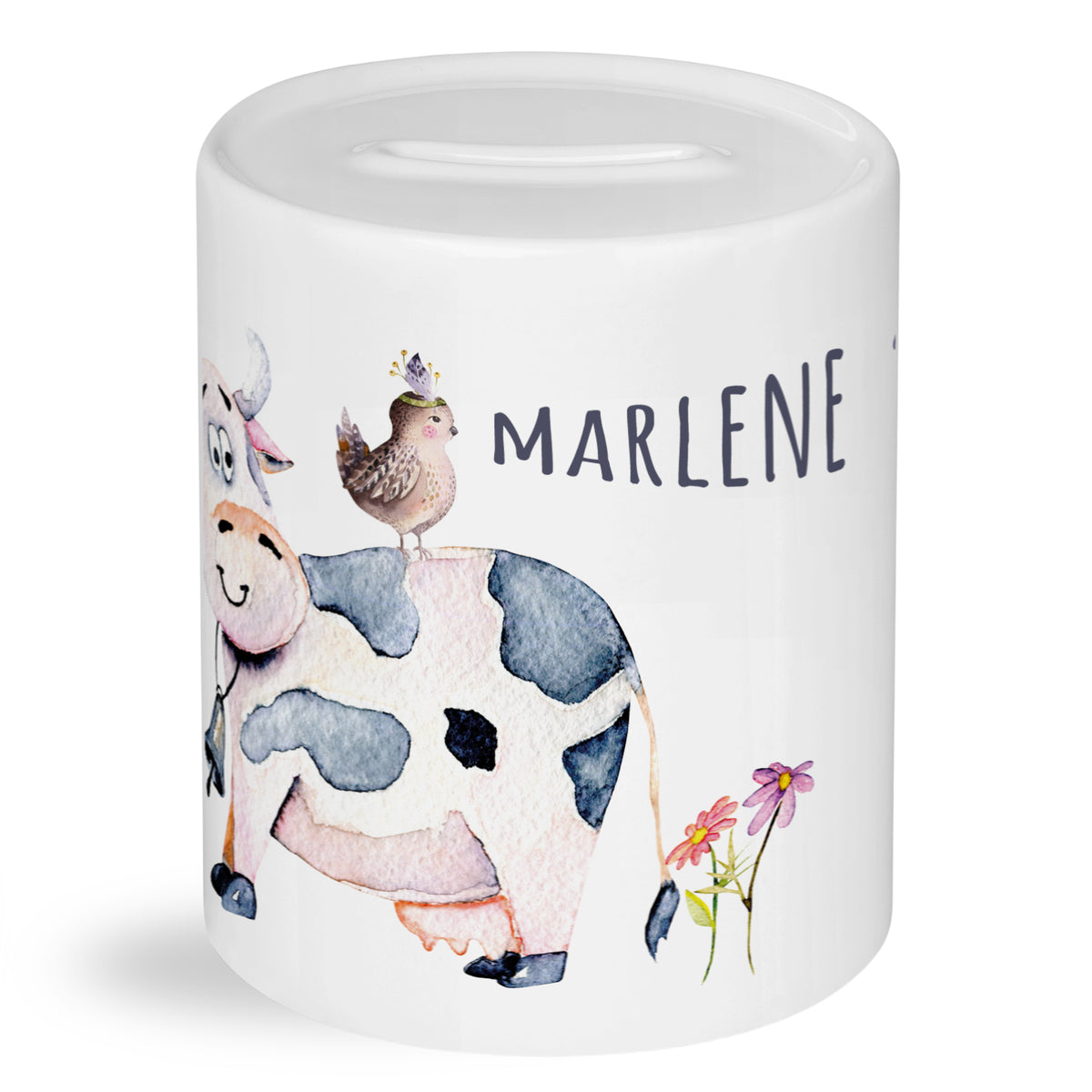 Spardose mit Kuh-Design, weiß, personalisiert mit "MARLENE".