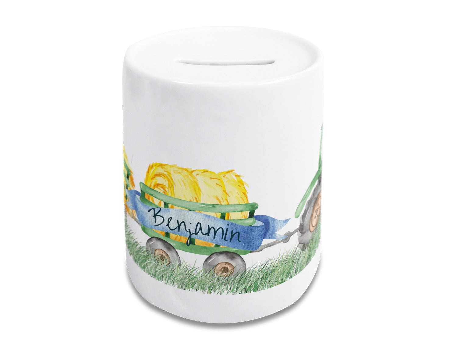 Weißer Sparschwein mit buntem Wagen und Namen "Benjamin".