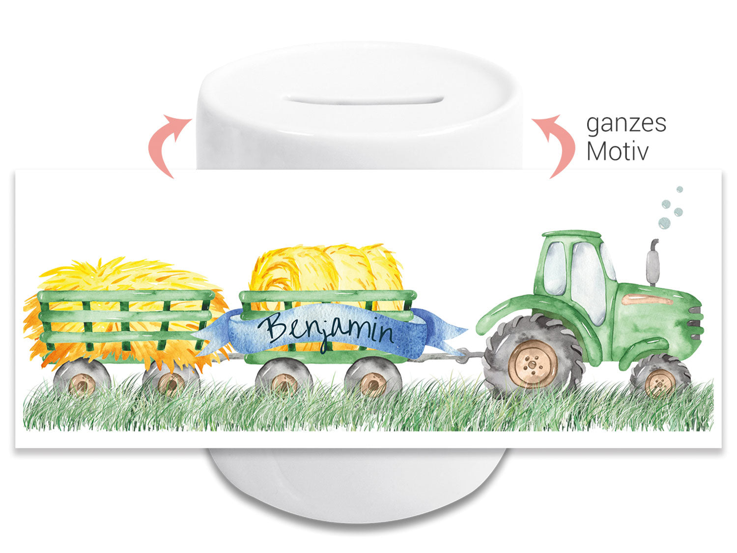 Grüner Traktor mit Heuwagen, personalisiert mit "Benjamin".