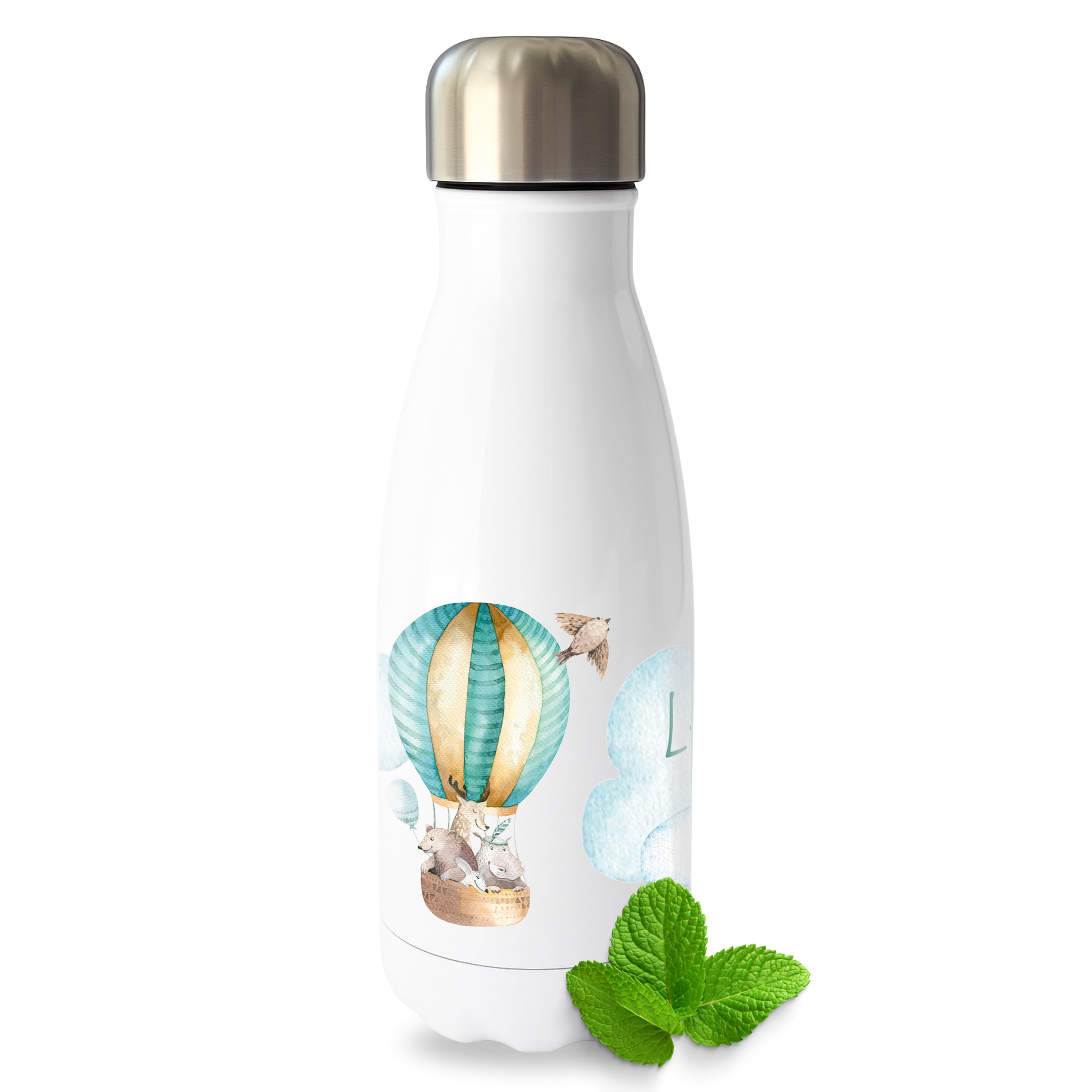 Weiße Trinkflasche mit Luftballon-Motiv und silbernem Deckel.