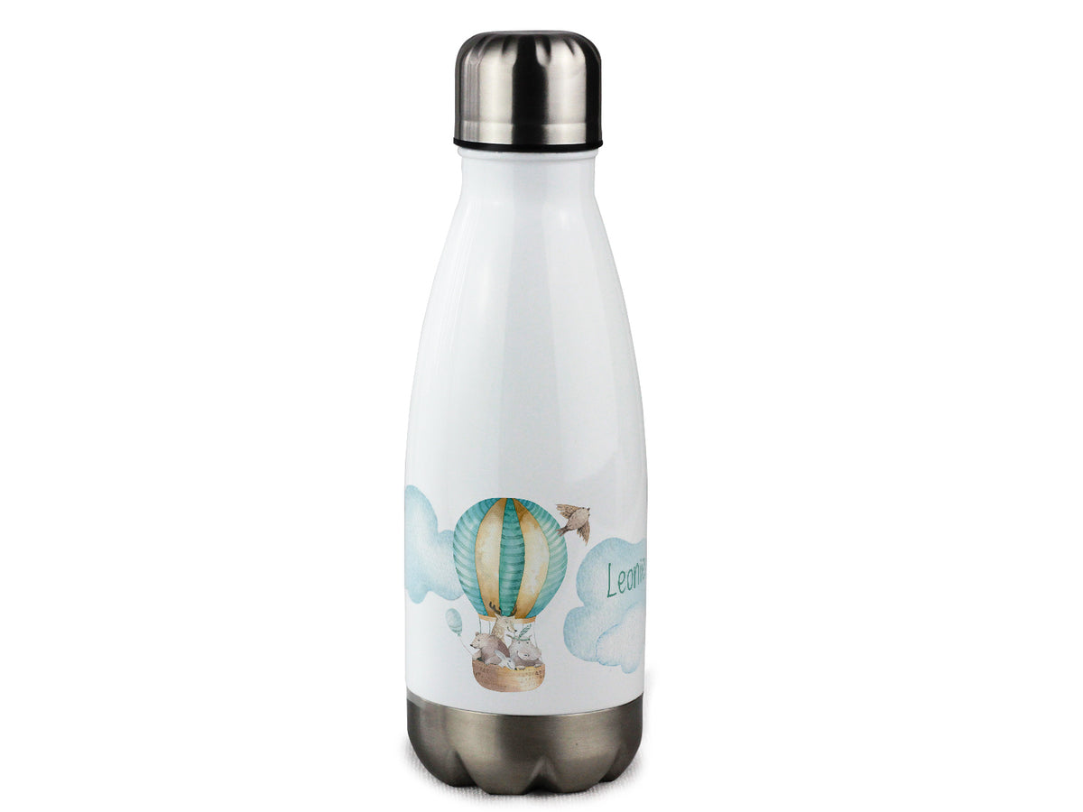 Weiße Edelstahl-Trinkflasche mit Heißluftballon-Design.