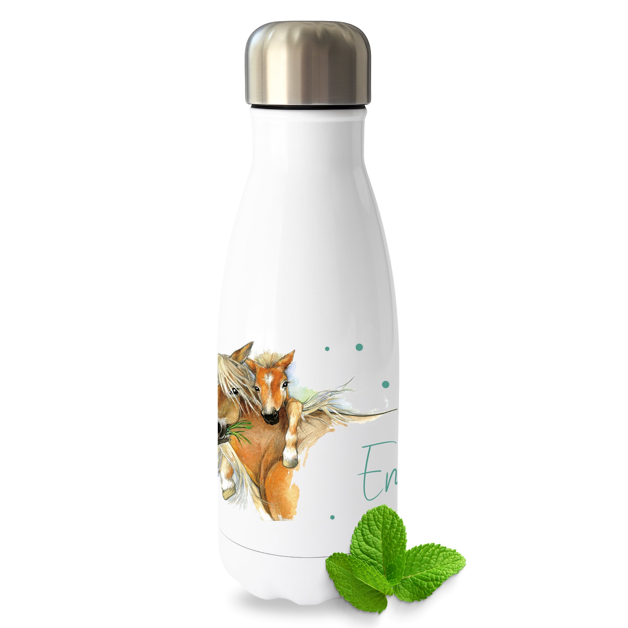 Weiße Trinkflasche mit Pferdemotiv und mintgrünen Akzenten.