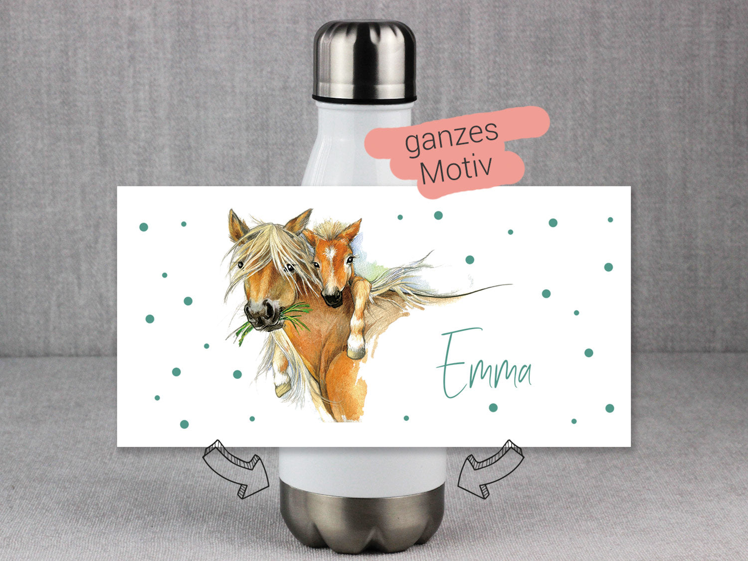 Wasserflasche mit Pferdemotiv und personalisiertem Namen Emma.
