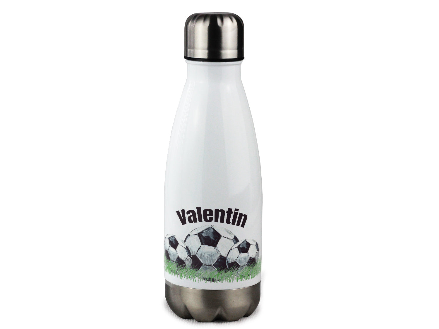Weiße Edelstahl-Trinkflasche mit Fußball-Motiv und Namen Valentin.