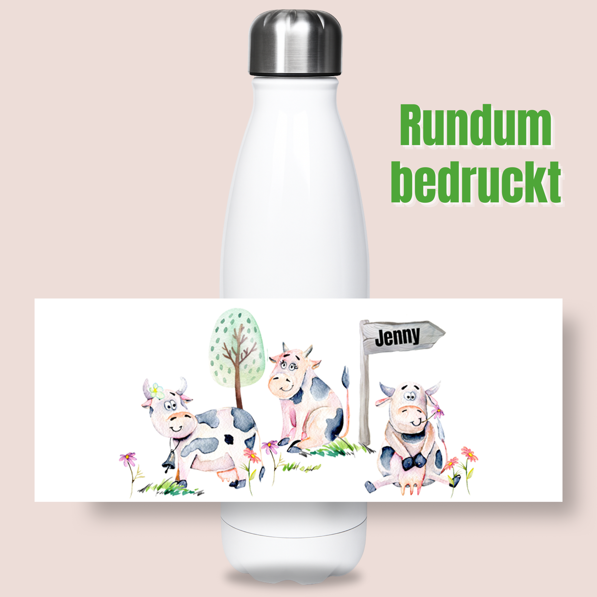Weiße Trinkflasche mit buntem Kuh-Design und Name Jenny.