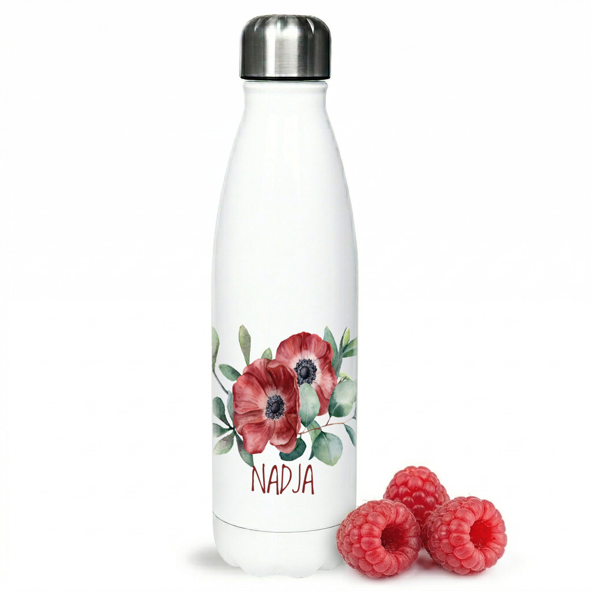 Weiße Edelstahl-Trinkflasche mit roten Blumen und Himbeeren.