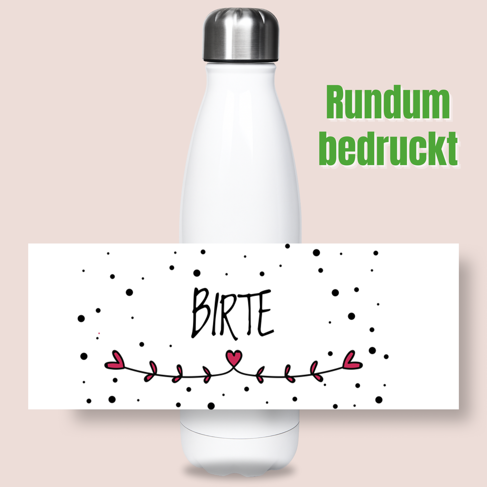 Weiße Trinkflasche mit buntem Rundumdruck "BIRTE".
