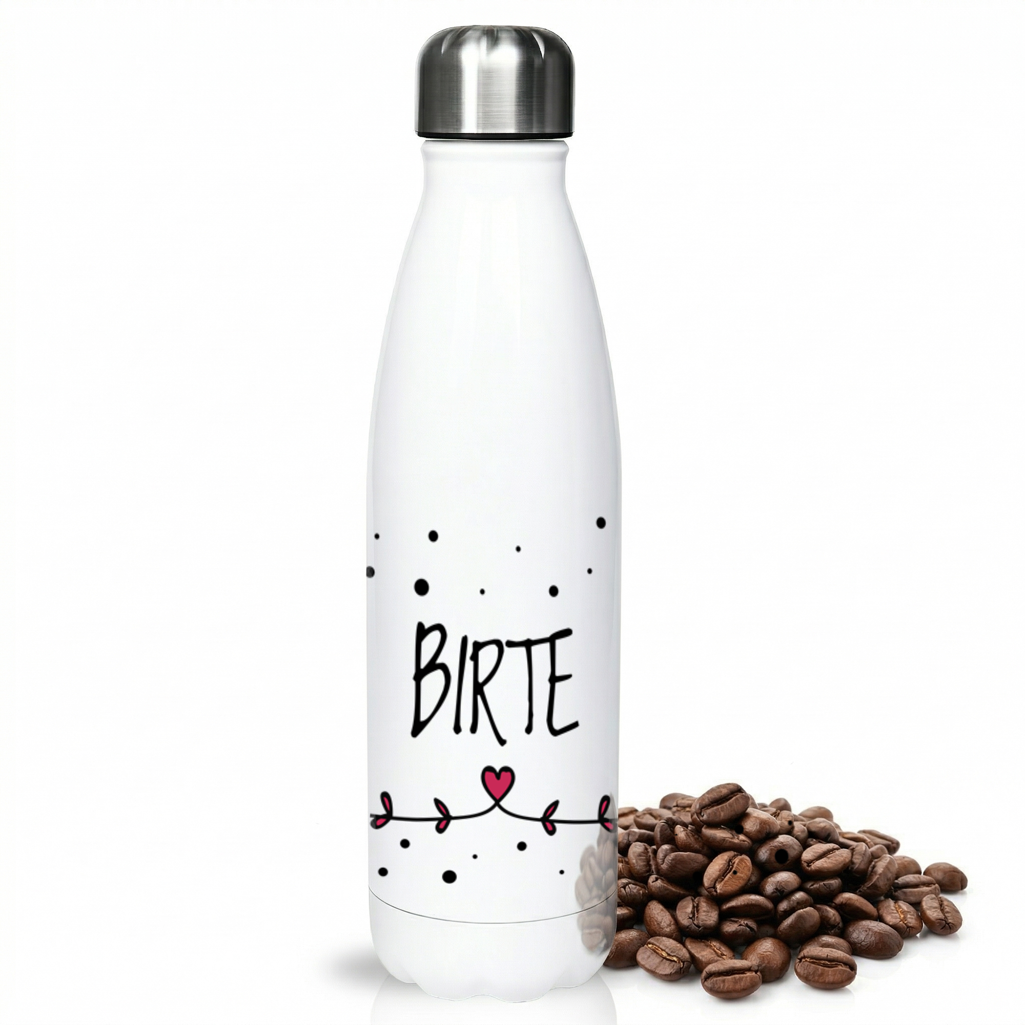 Weiße Edelstahl-Trinkflasche mit schwarzem Schriftzug und Herz.