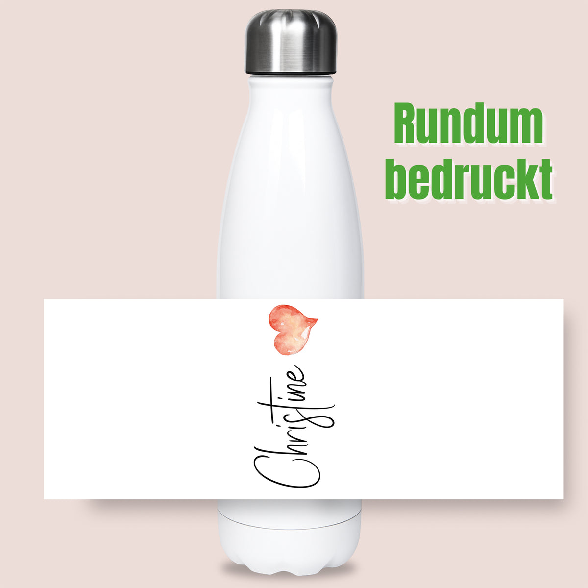 Weiße Trinkflasche mit rundum bedrucktem Namen "Christine".