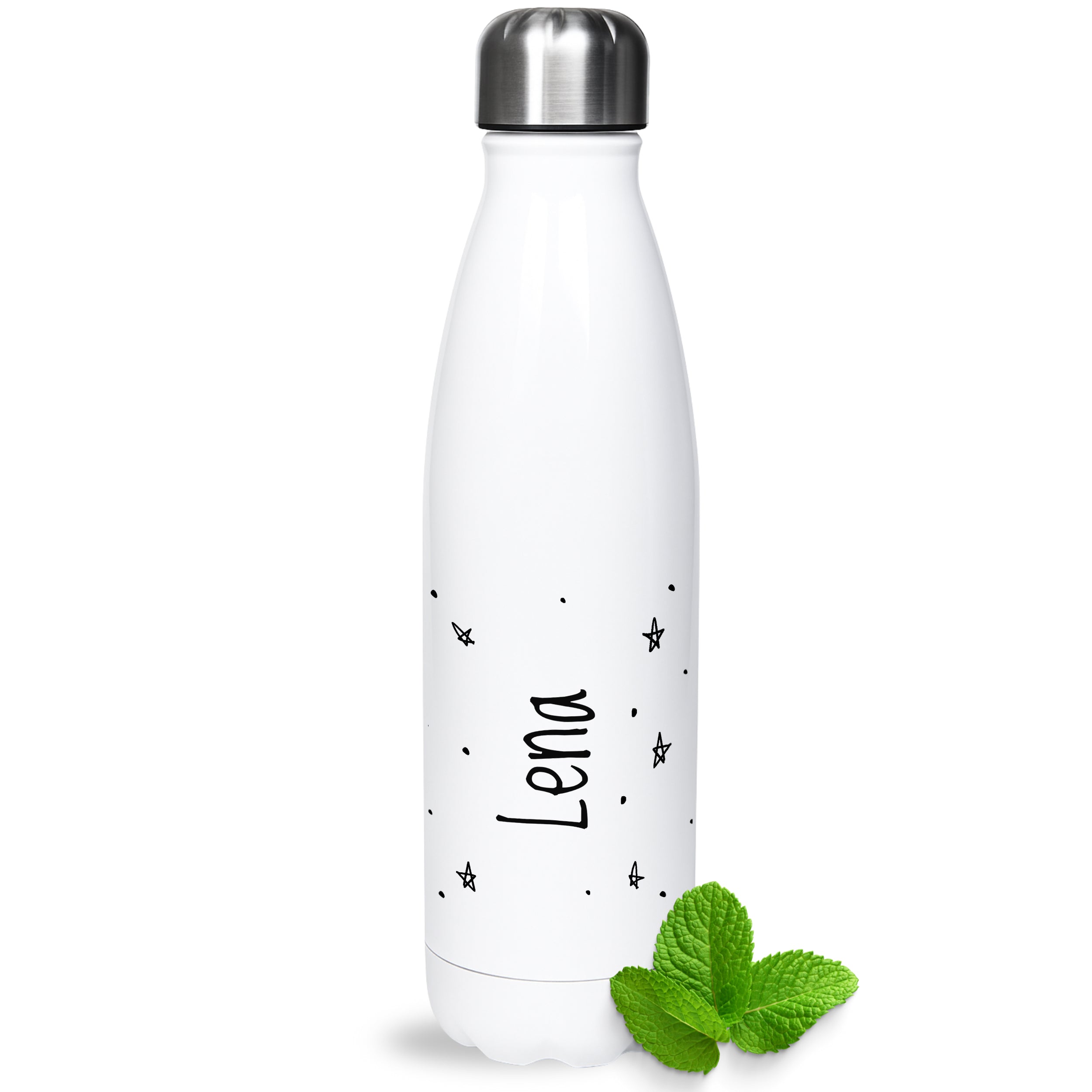 Weiße Edelstahl-Trinkflasche mit personalisiertem Namen "Lena" und Sternen.