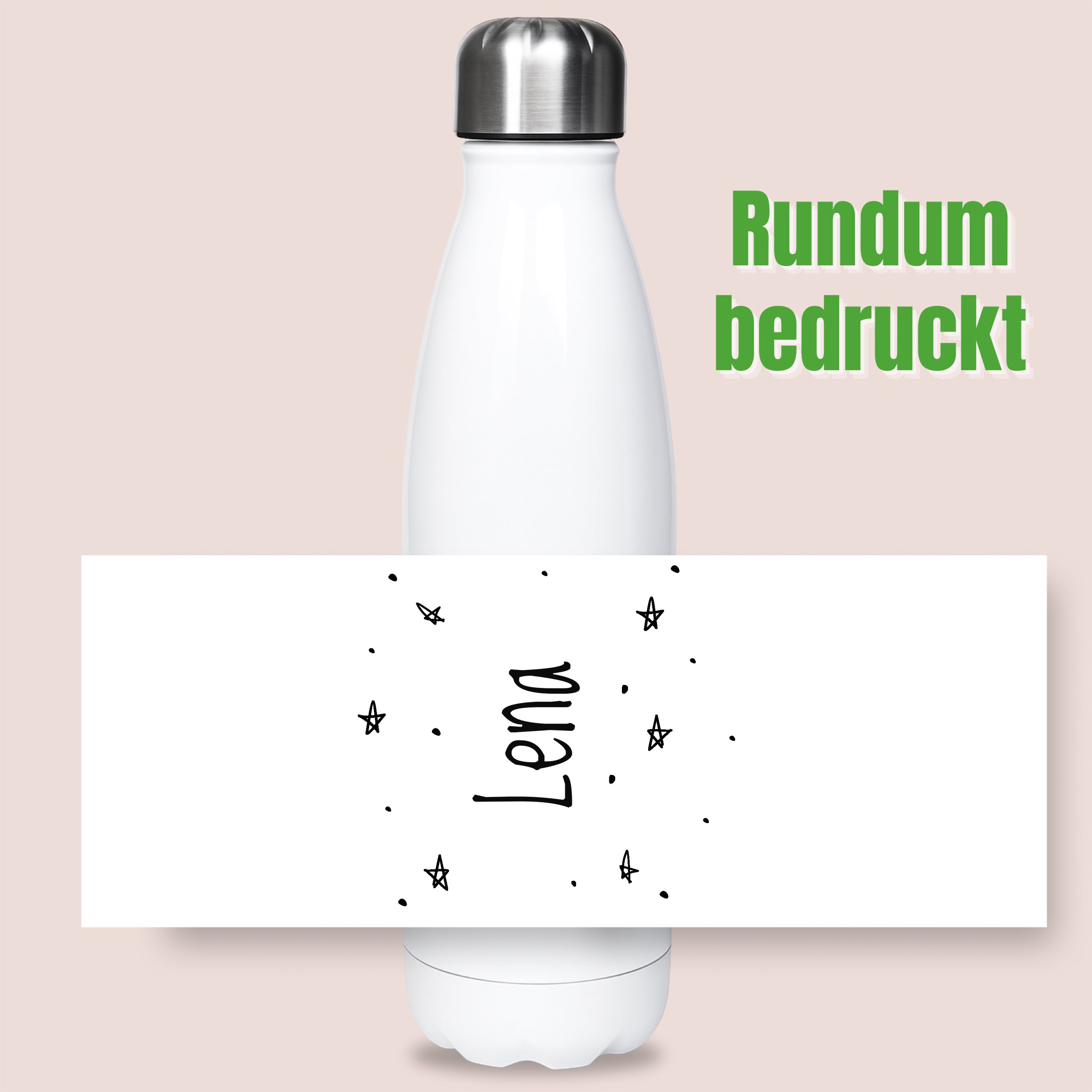 Weiße Trinkflasche mit schwarzem, rundum bedrucktem Namen "Lena".