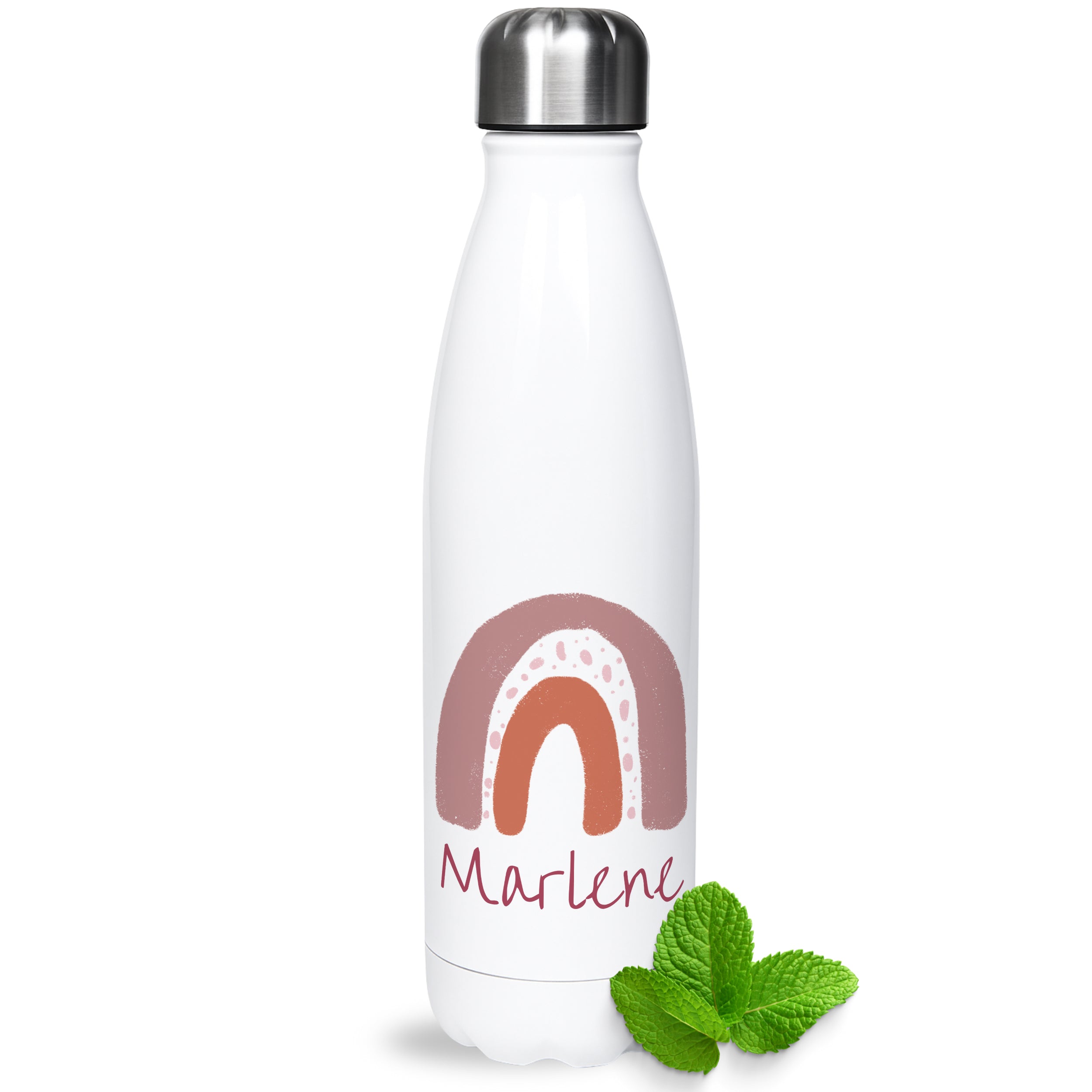 Weiße Edelstahl-Trinkflasche mit buntem Regenbogen und Namen Marlene.