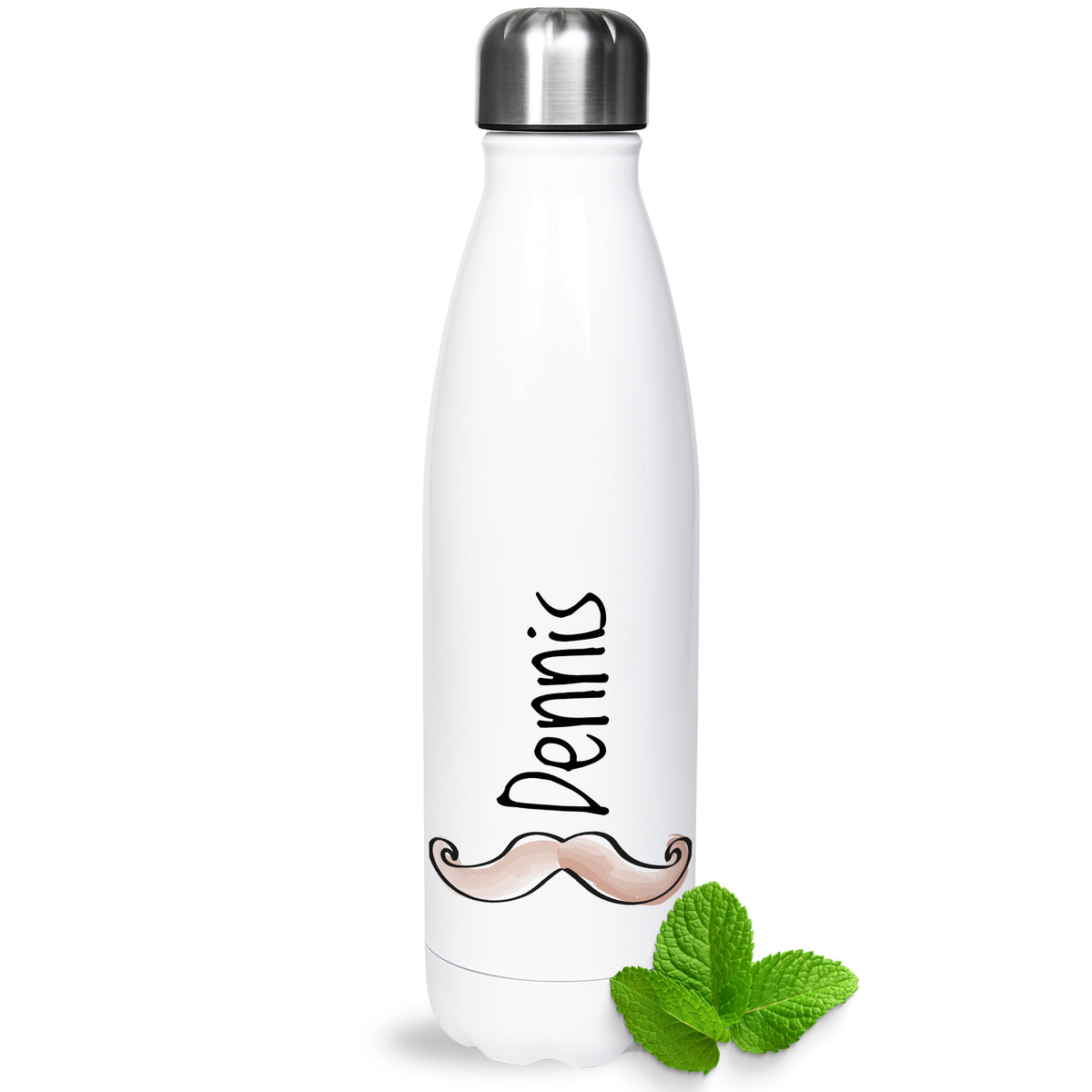 Weiße Edelstahl-Trinkflasche mit Namen "Dennis" und Schnurrbart.