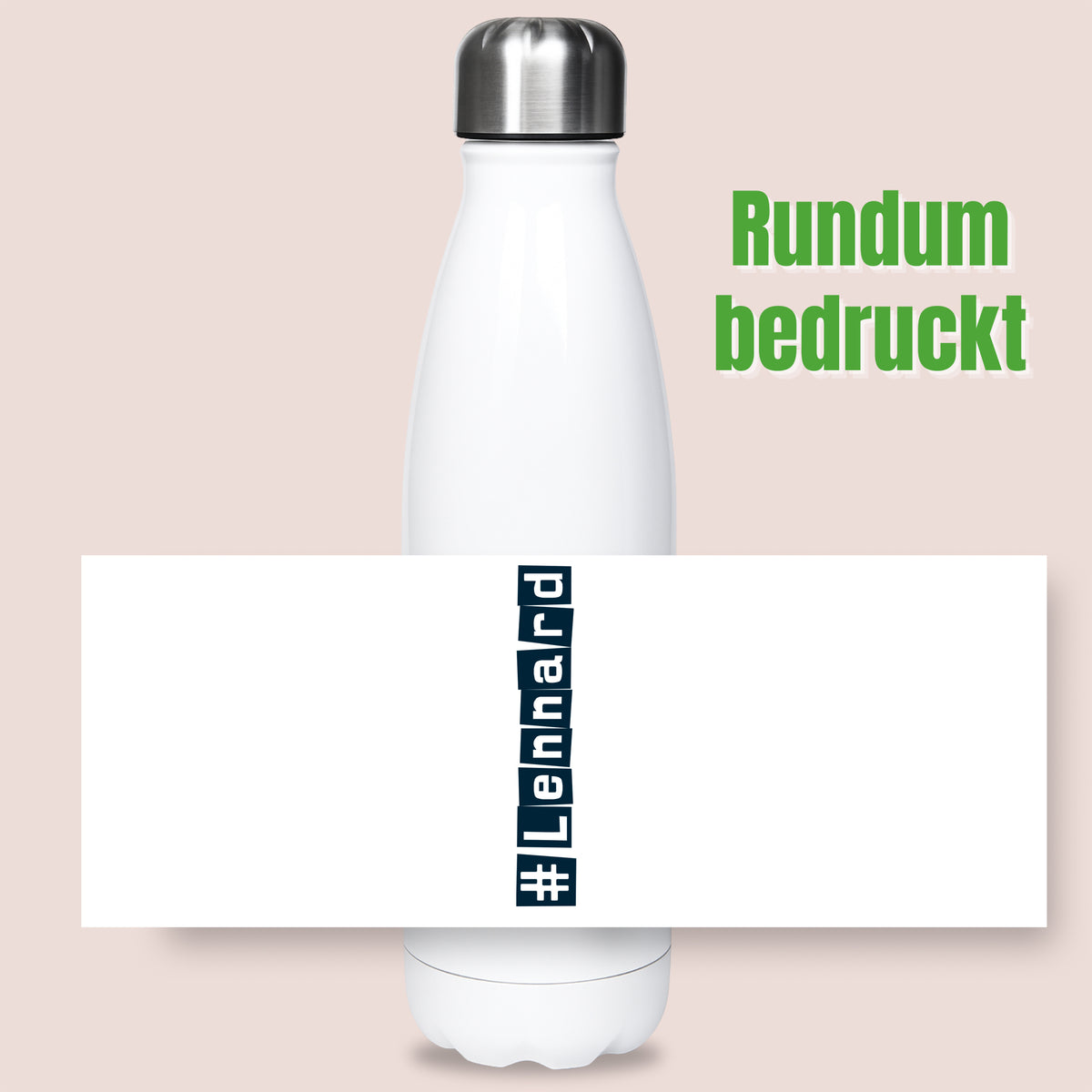 Weiße Trinkflasche mit blauem #Lennard-Design, rundum bedruckt.