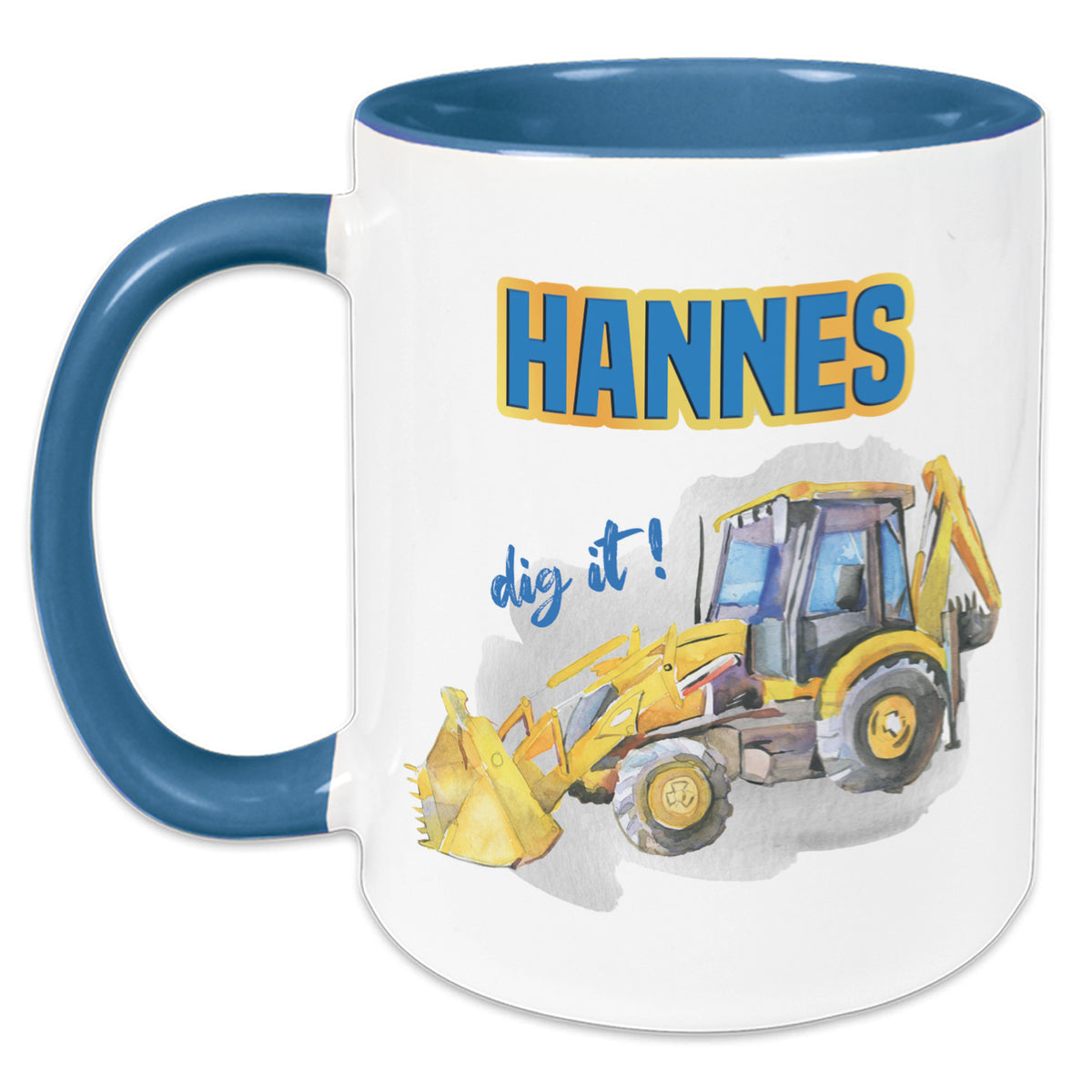 Tasse mit blauem Henkel, Bagger-Motiv und Name "Hannes".