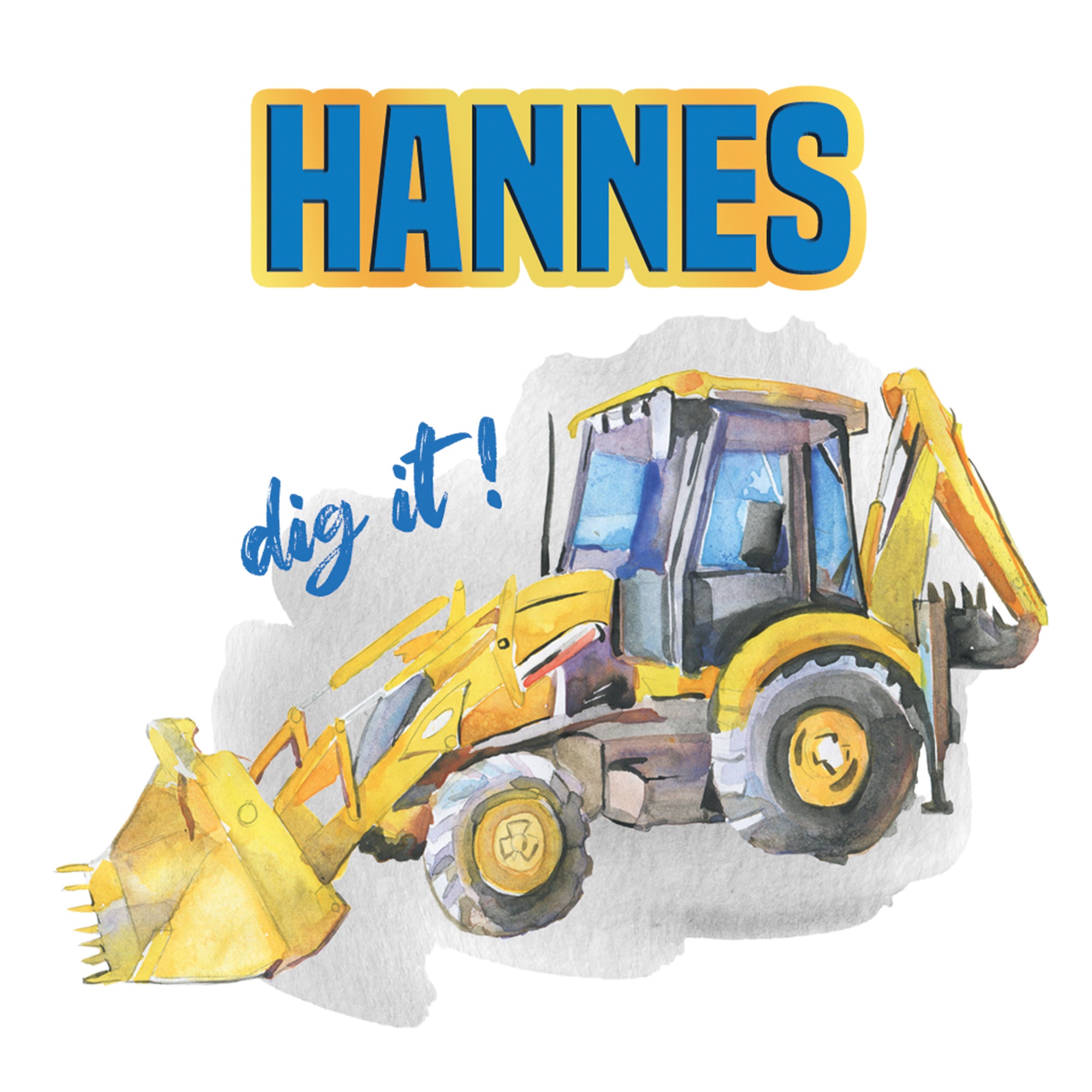 Gelber Bagger mit blauem Fahrerhaus und Schriftzug "HANNES".