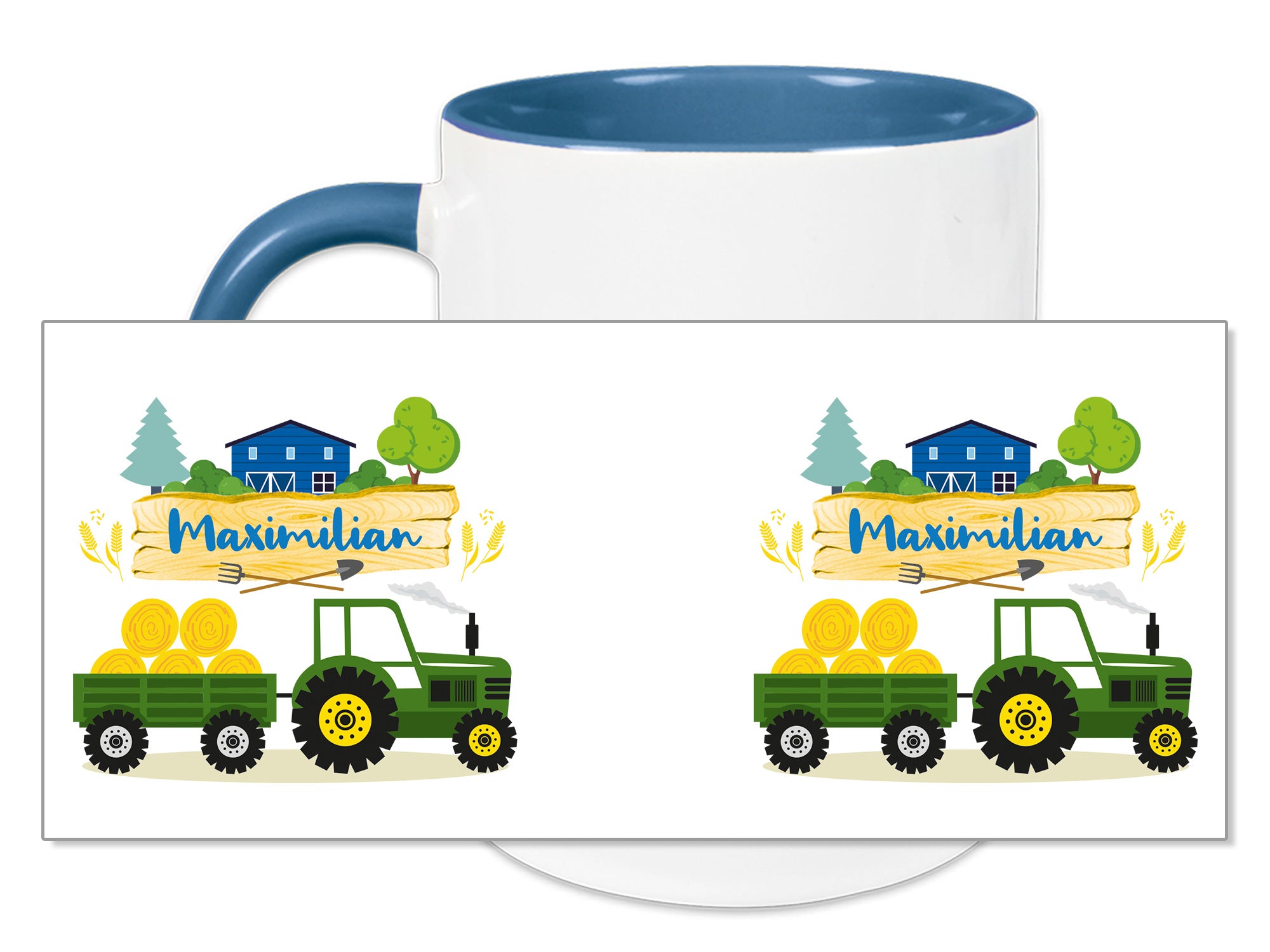 Tasse mit grünem Traktor und personalisiertem Namen.