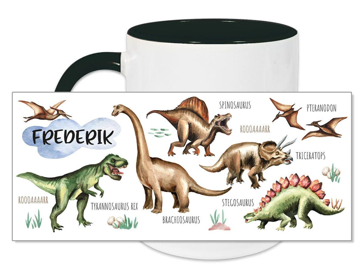 Tasse mit Dinosaurier-Motiven und dem Namen "Frederik".