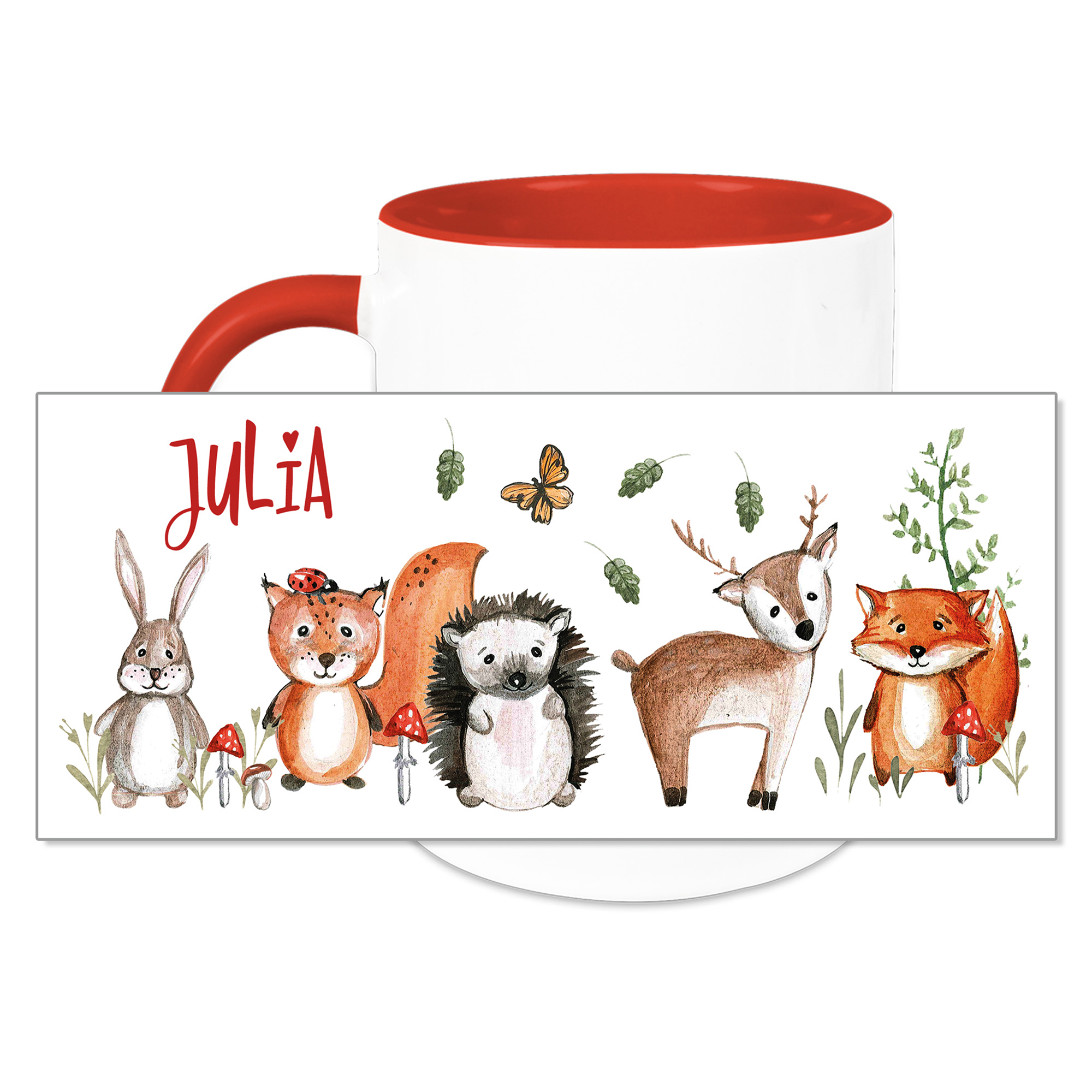 Tasse mit rotem Rand, Tiermotive und Name "JULIA".