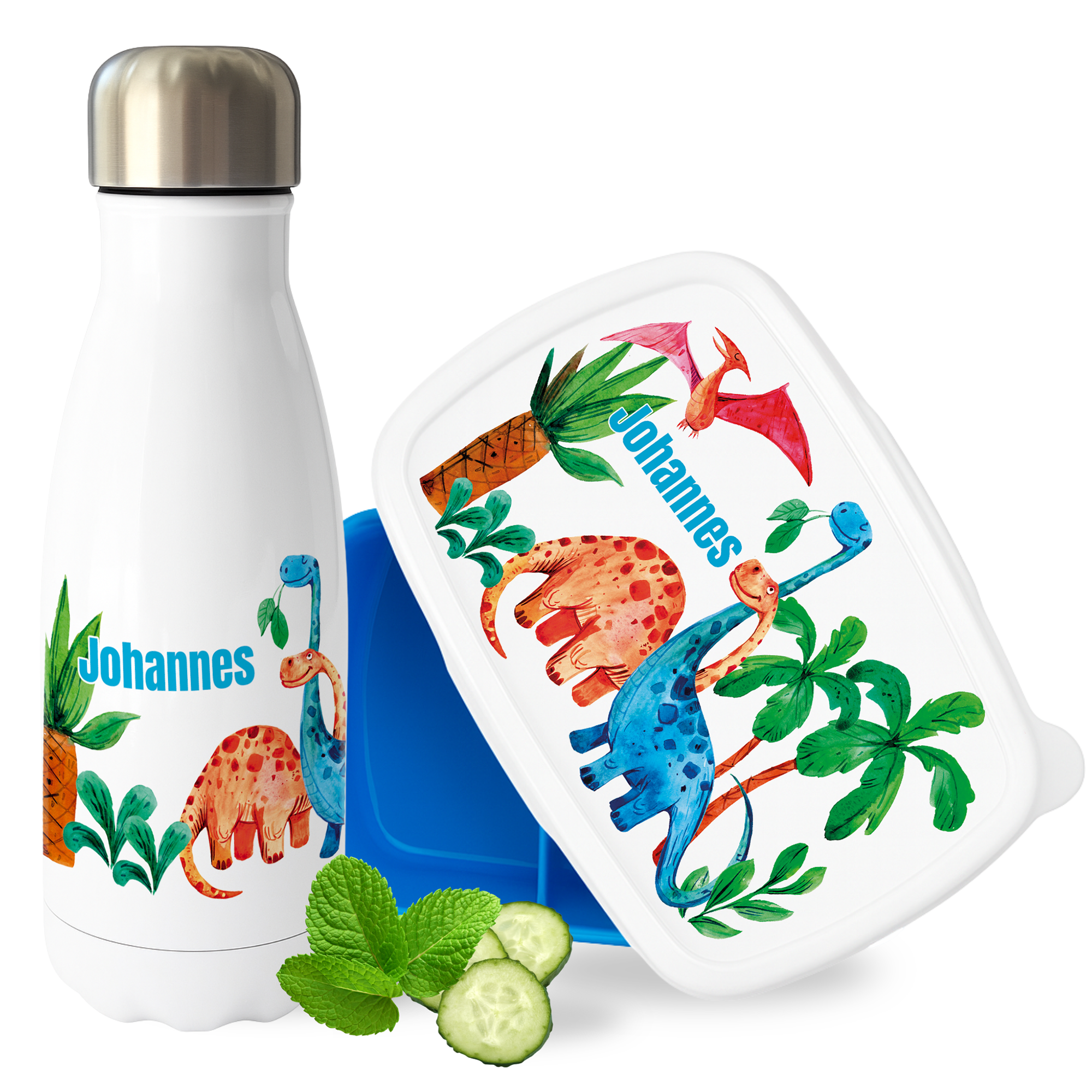 Weiße Trinkflasche und Lunchbox mit Dinosaurier-Motiven.