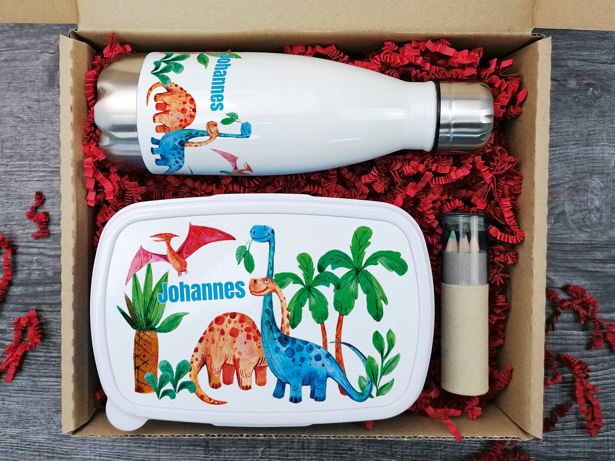 Isolierte Geschenkbox mit Dinosaurier-Motiven, Trinkflasche und Brotdose.