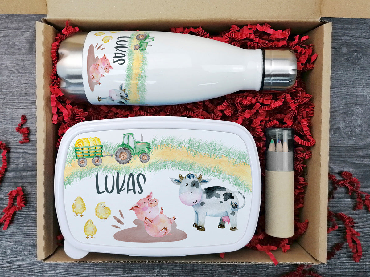 Wasserflasche und Brotdose mit Bauernhofmotiven, bunt.