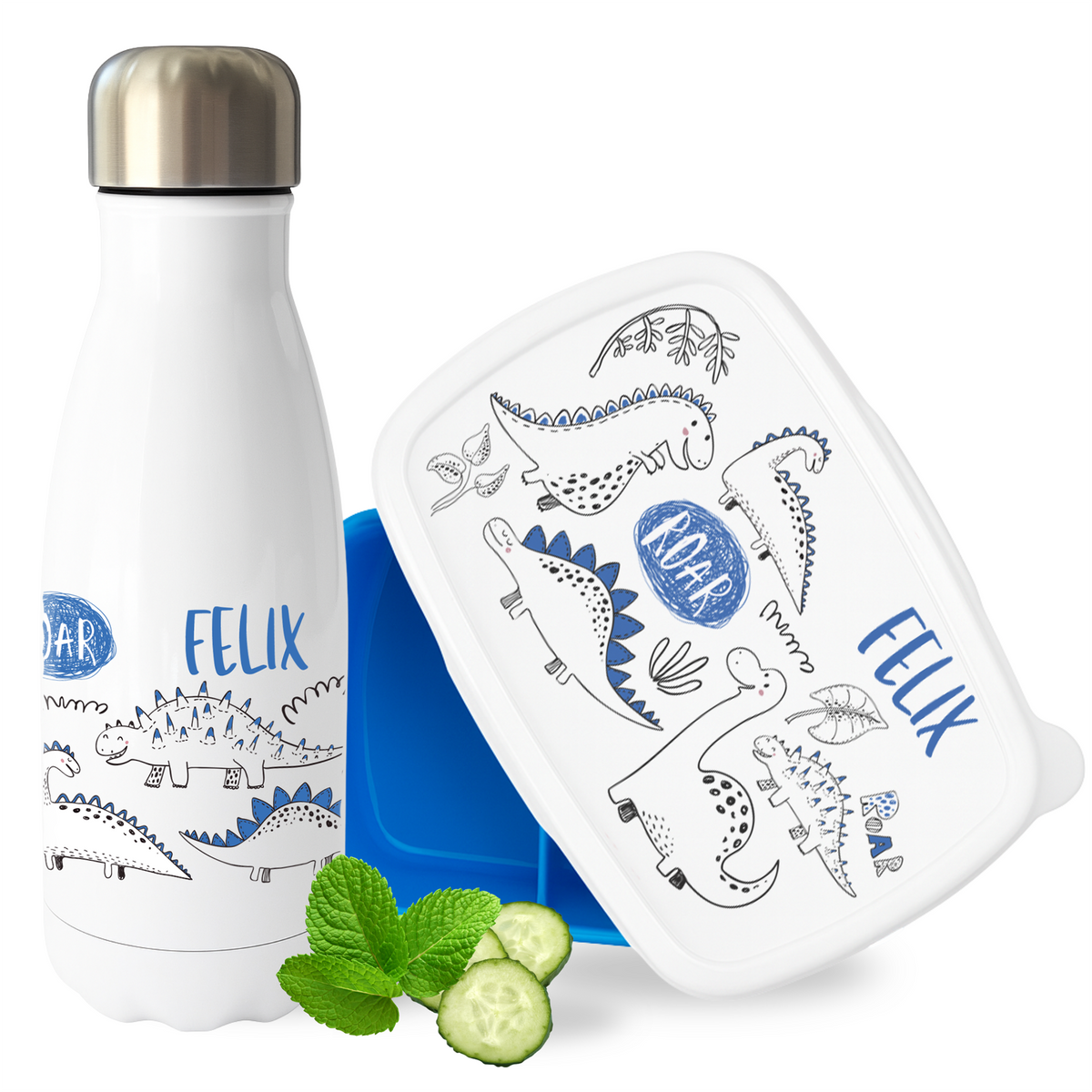 Einschulung Weiße Trinkflasche und Brotdose mit Dinosaurier-Motiven.